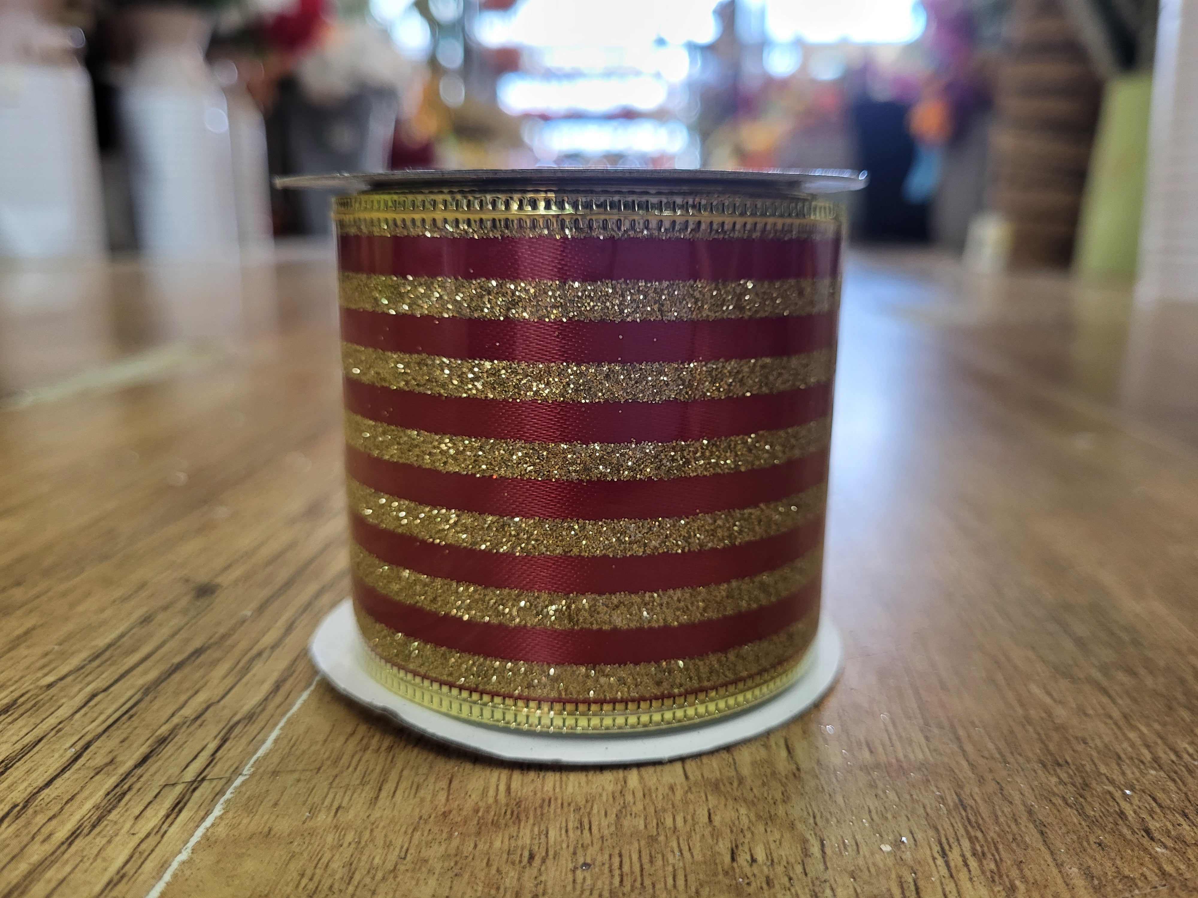 2.7m approx. roll of red/gold glitter striped wired ribbon image 1