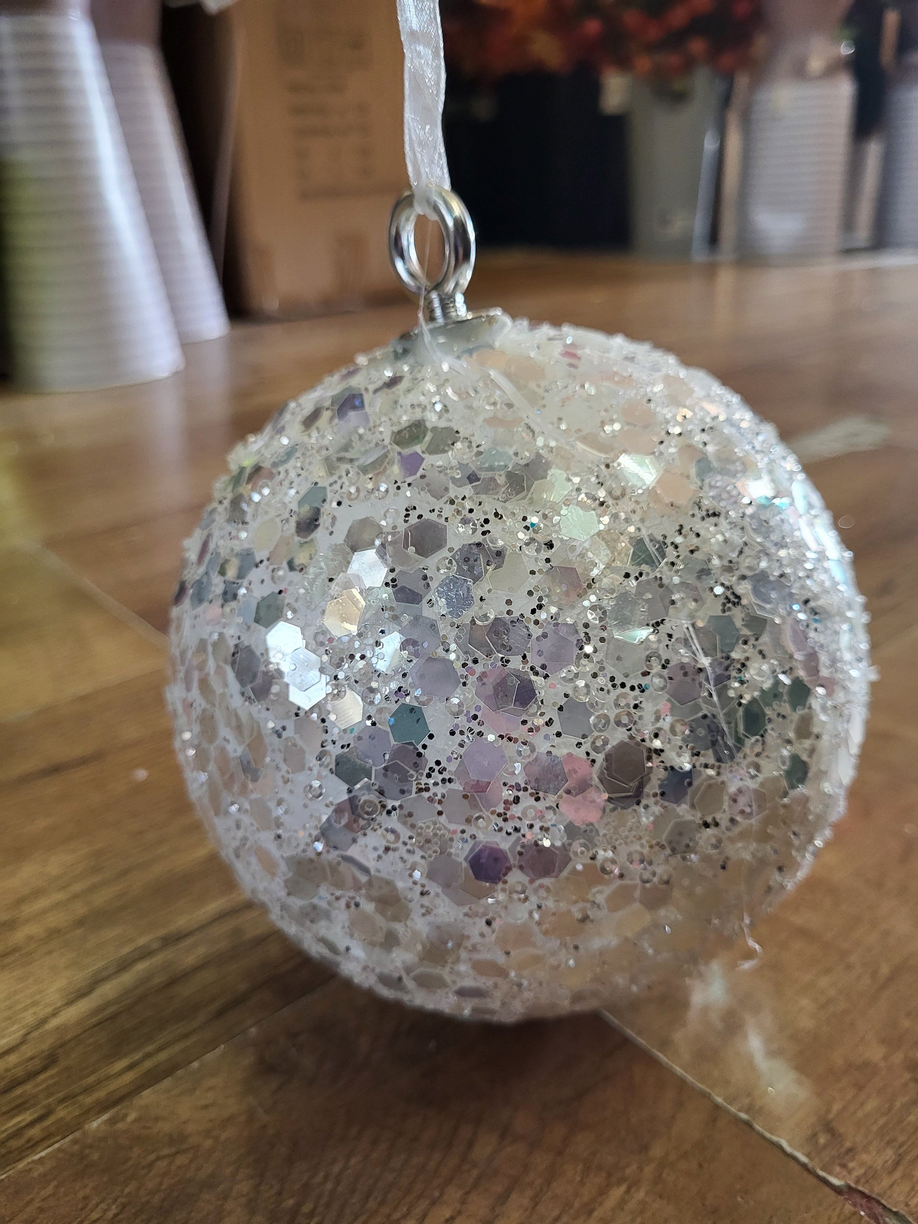 15cm white sequin bauble image 2