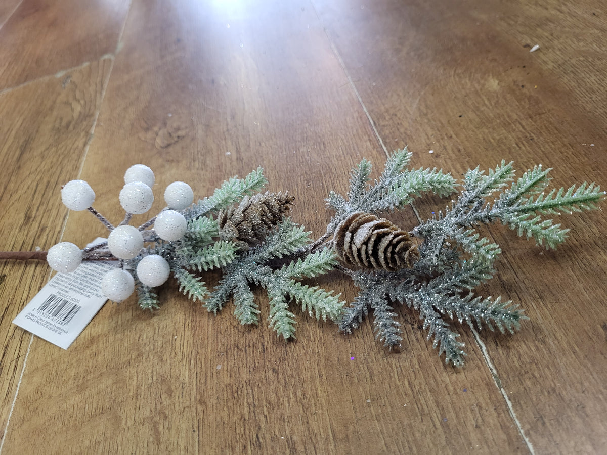 Frosted foliage stem with cones and white berries  image 2