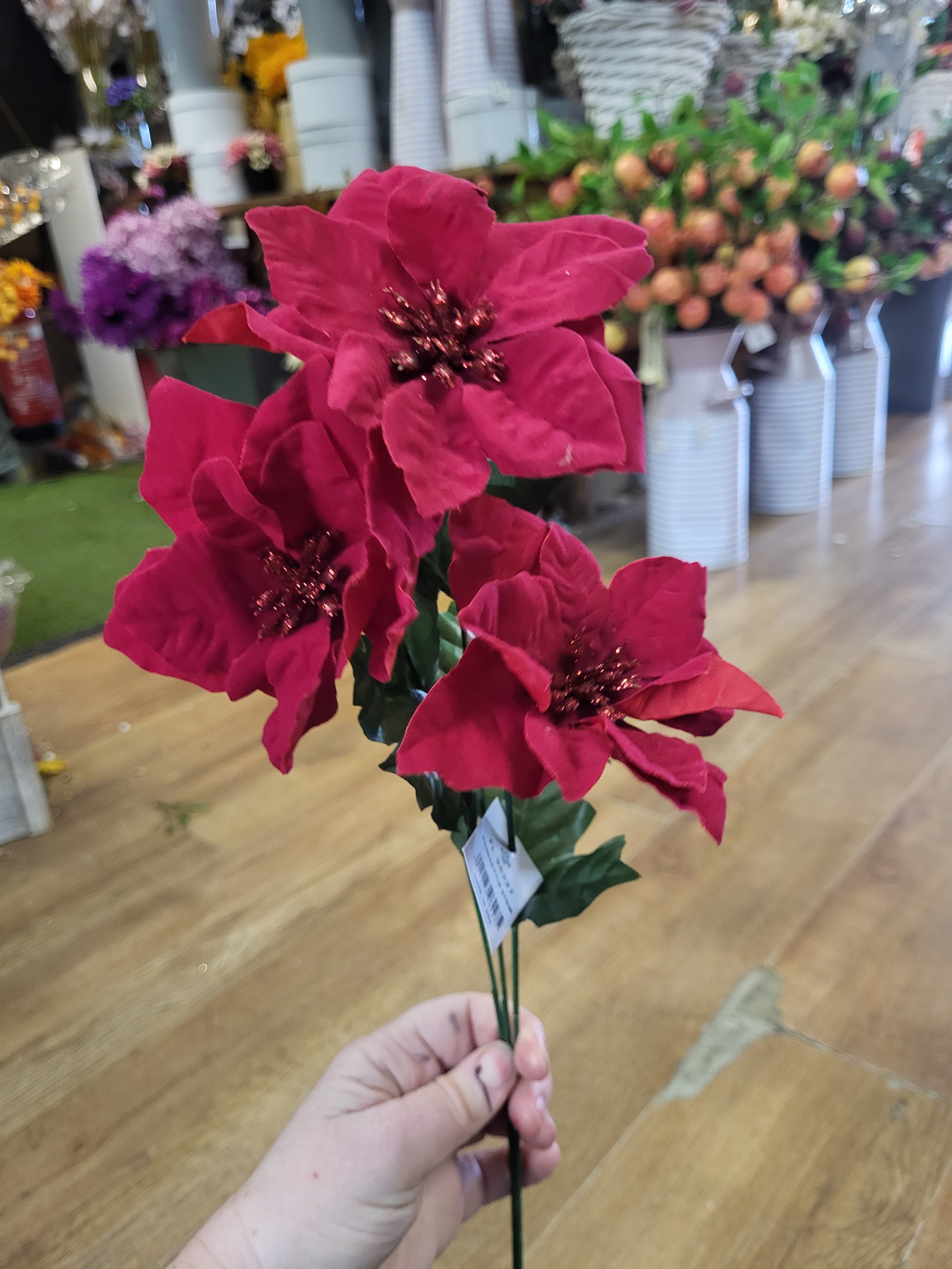 Long stem 3 headed poinsettia with glittered centres - 2 colours available image 4