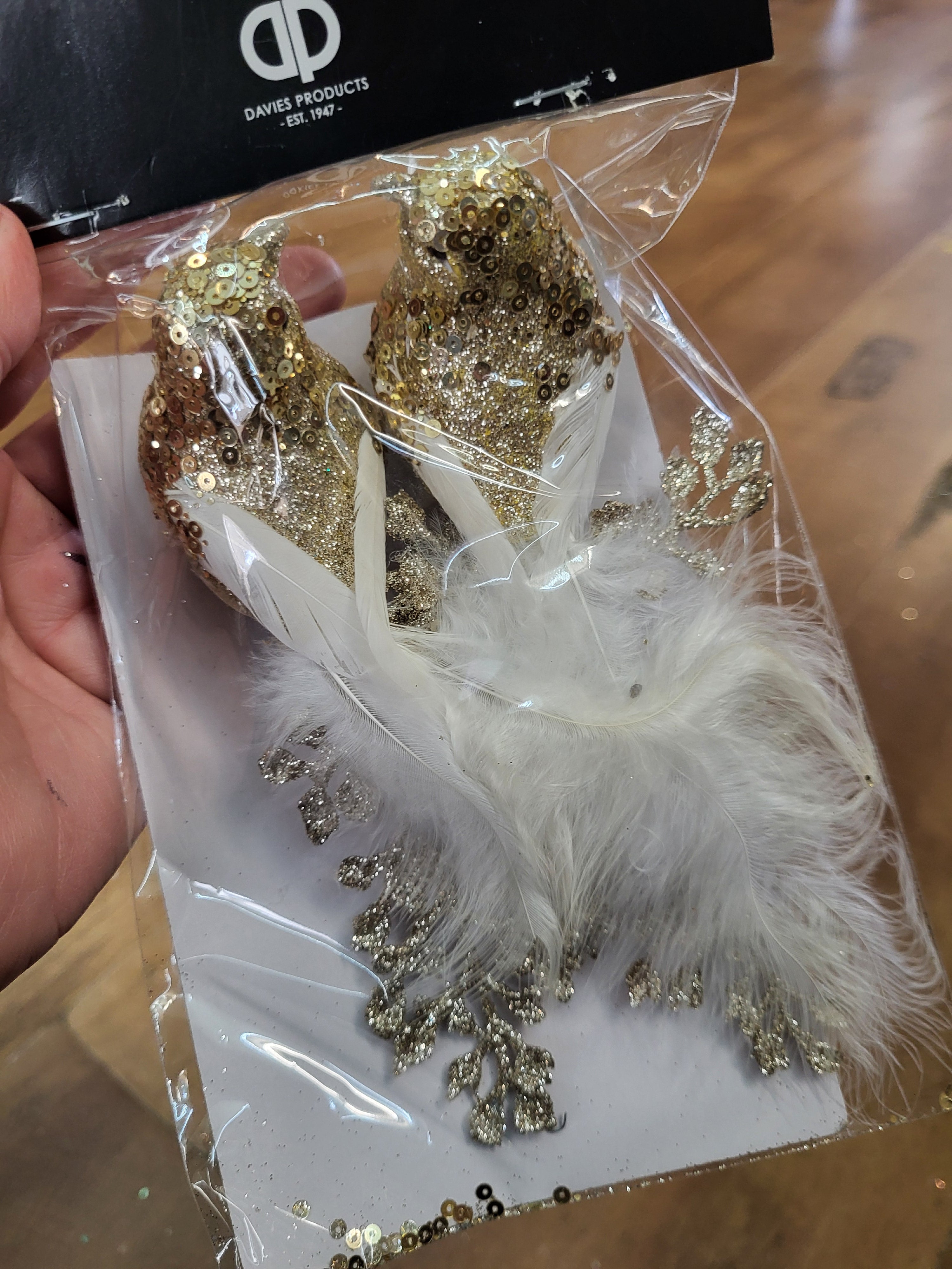 Pack of 2 gold glitter and feathered fancy clip on birds image 0
