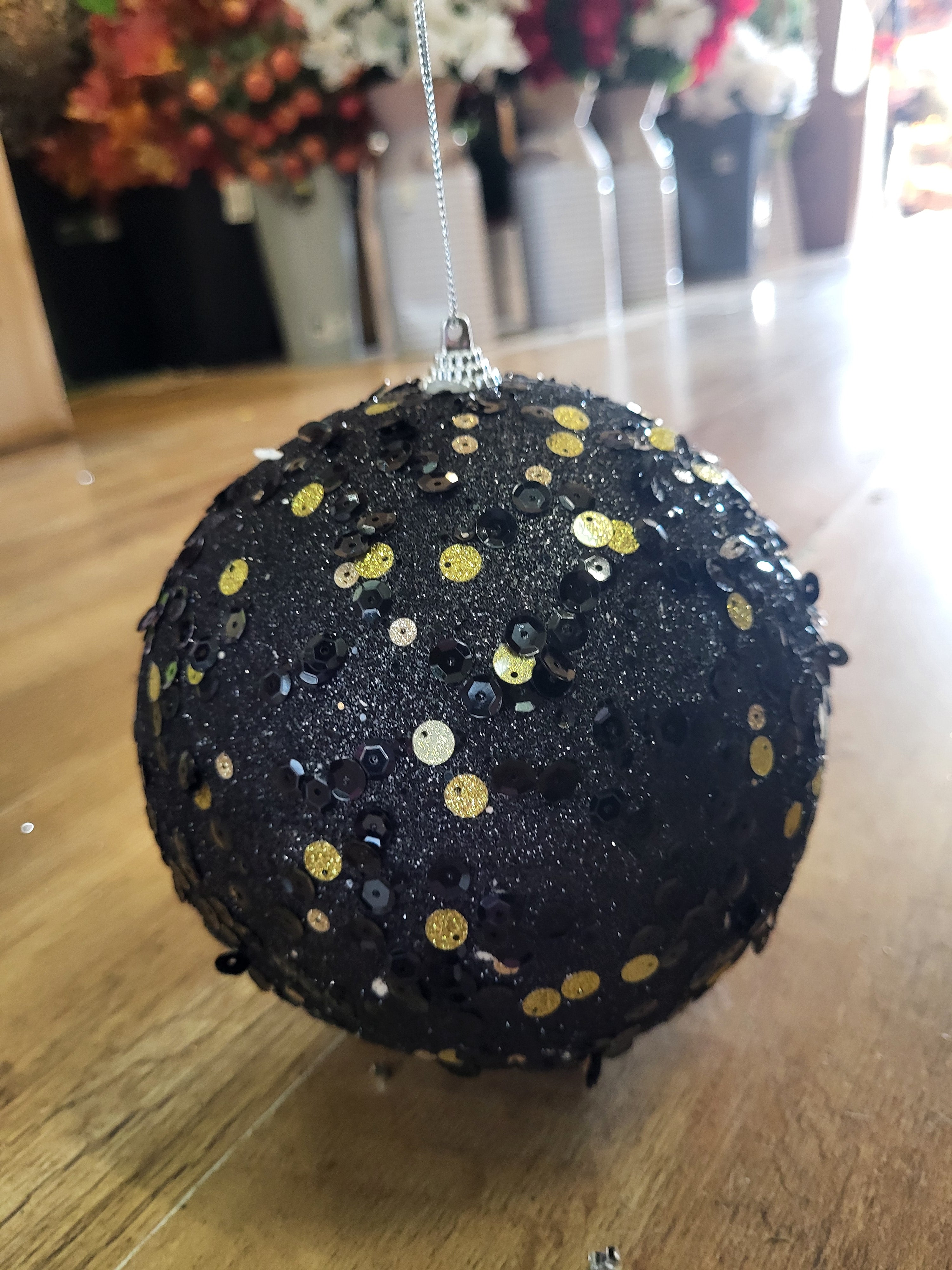 15cm sparkly black bauble with black and gold sequins image 0