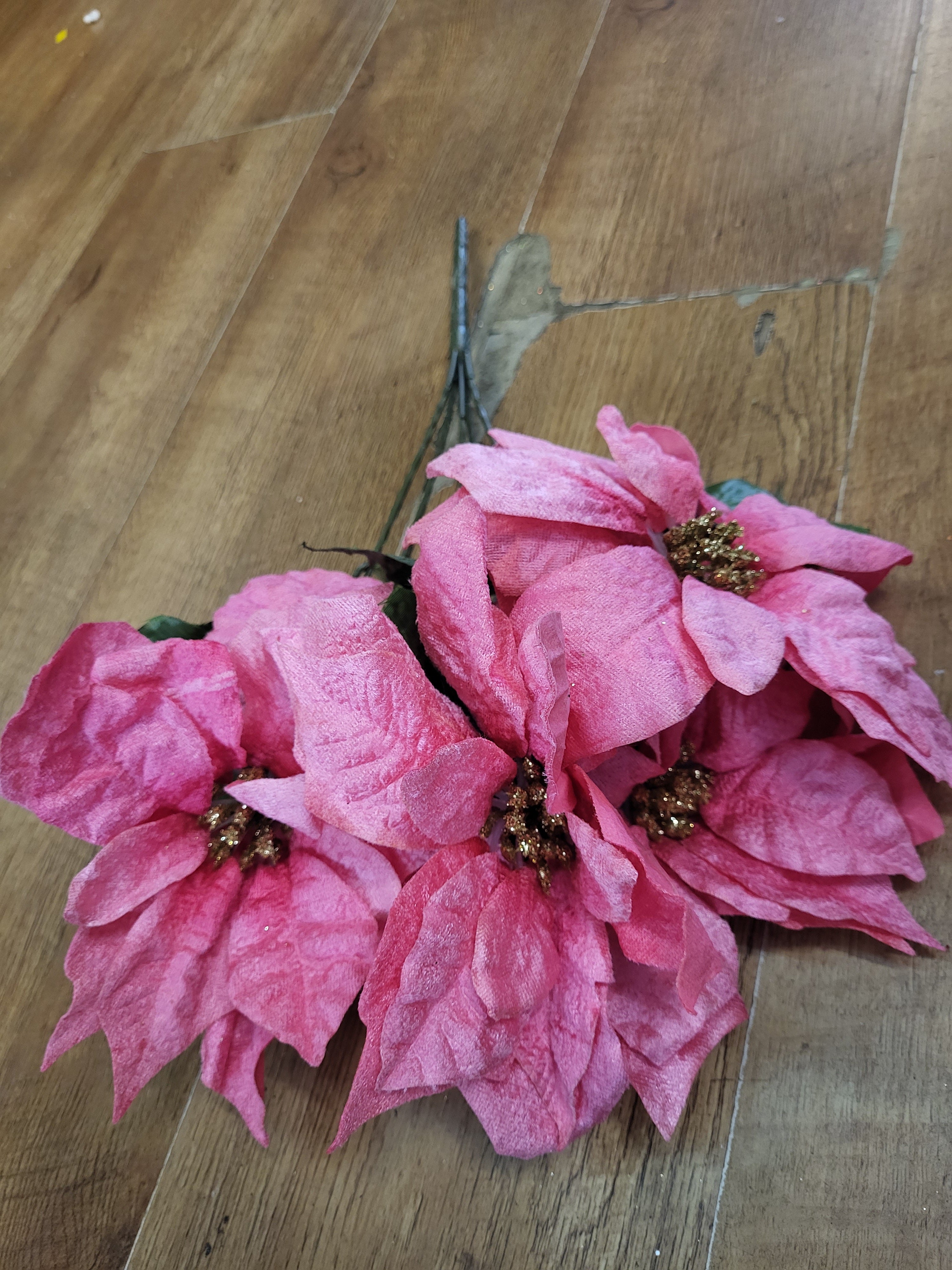 Velvet poinsettia bouquet, 5 large size heads - pink and gold image 0