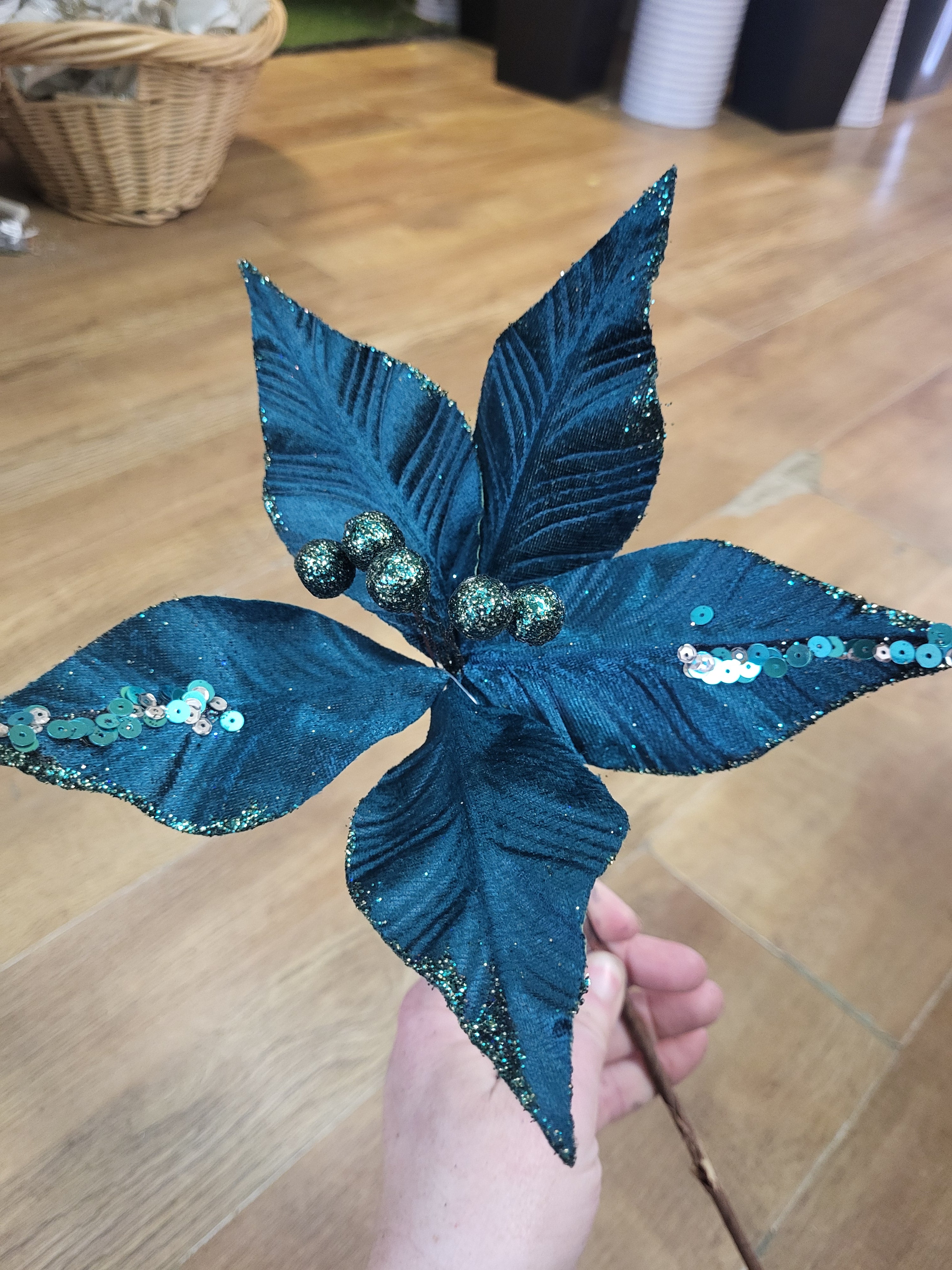 Bundle of 3 Long stem Teal velvet and glitter single poinsettias image 5