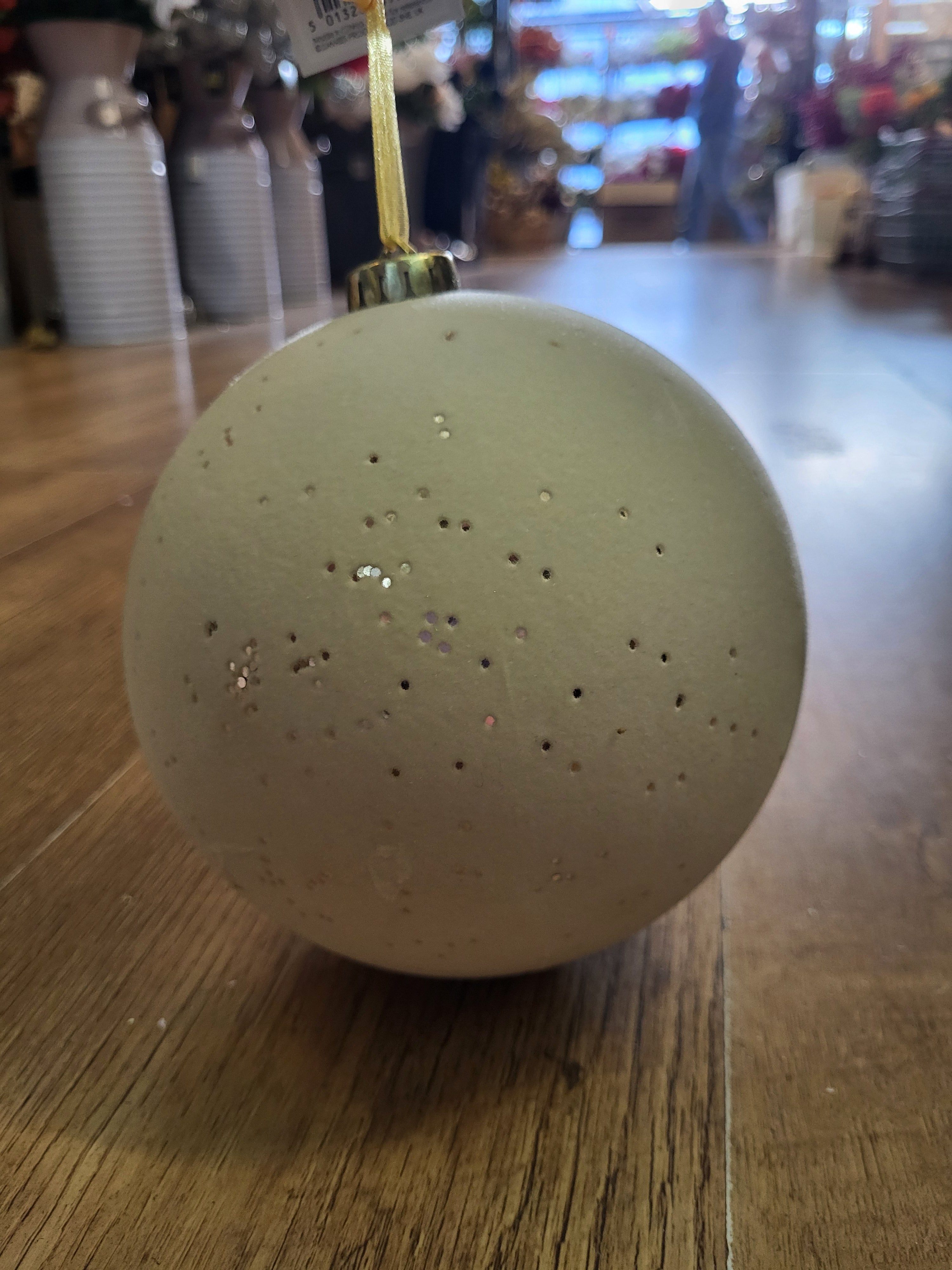 15cm flocked cream bauble with metallic flecks image 4