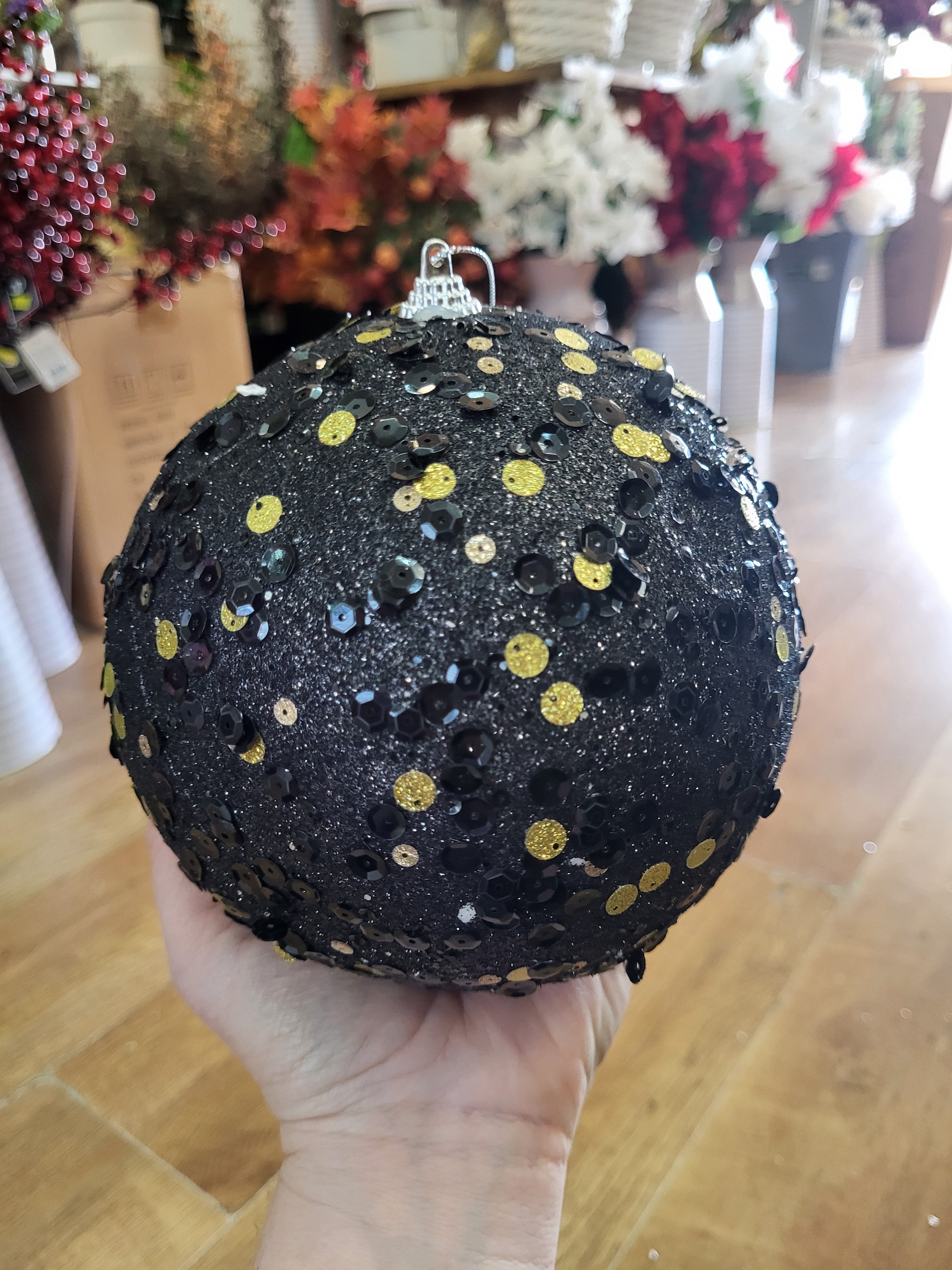 15cm sparkly black bauble with black and gold sequins image 2