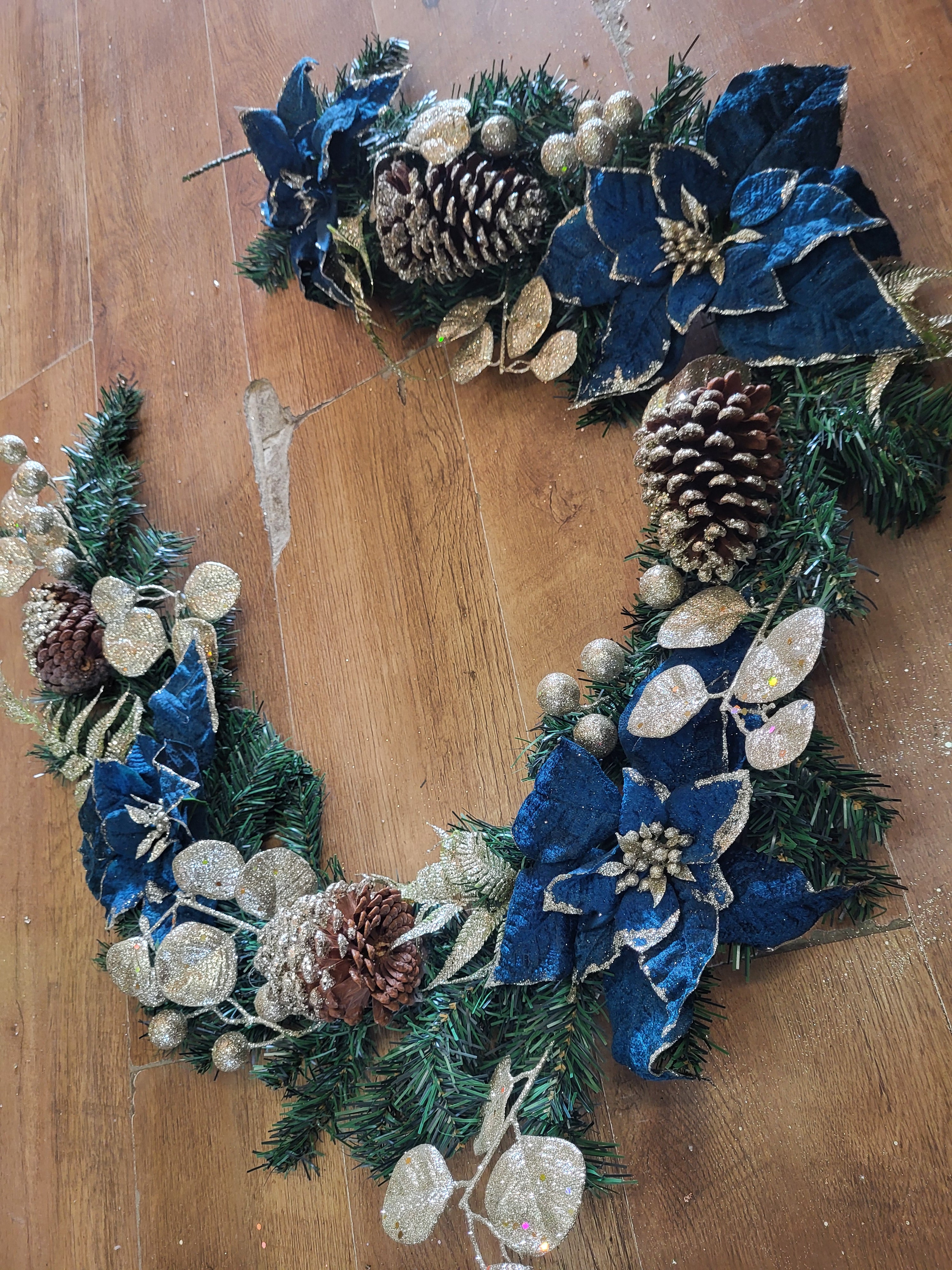 6ft Luxury garland - velvet Teal Poinsettia and  champagne gold berries/foliage image 1