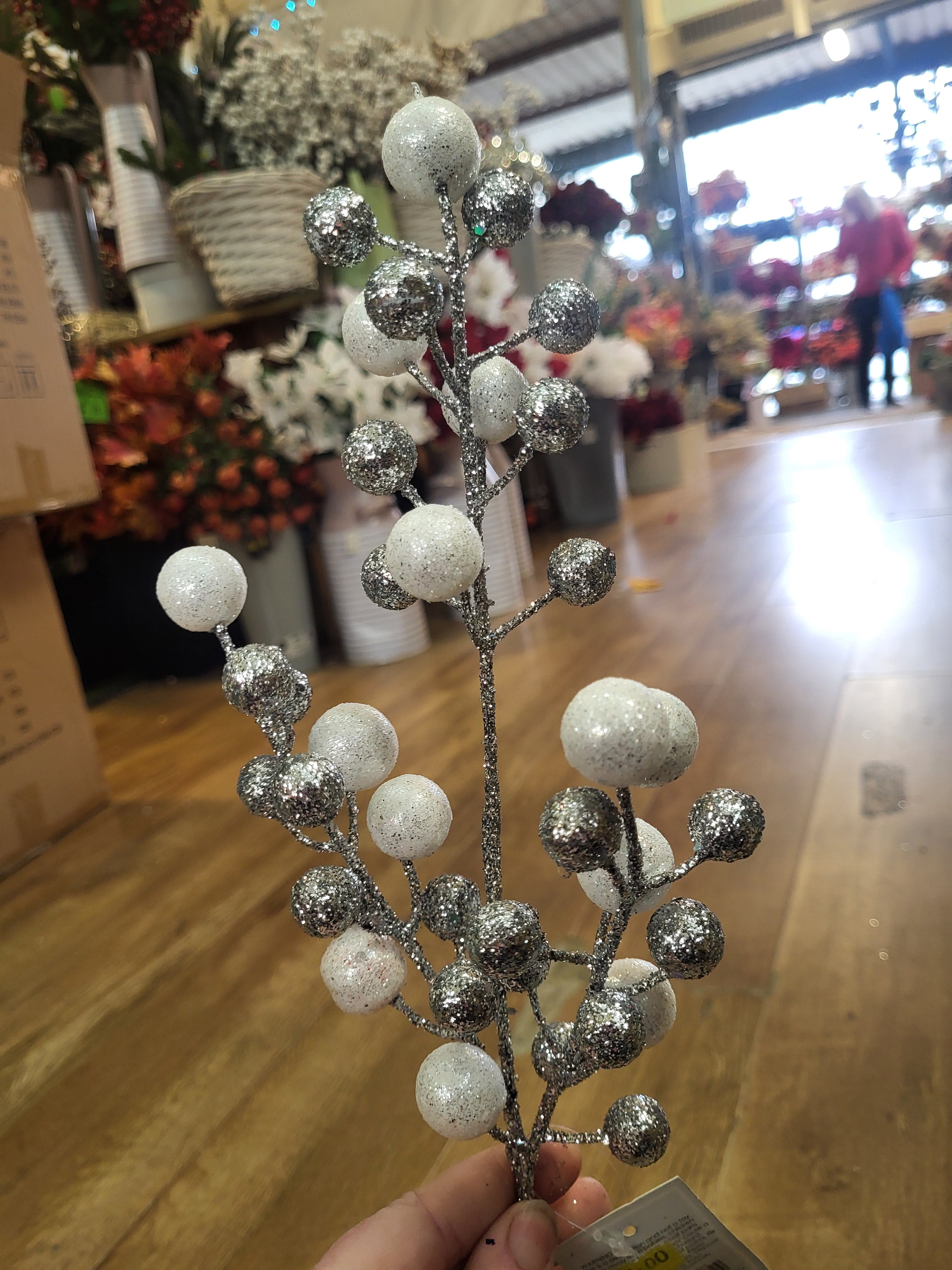 36cm Silver and white glitter ball stem image 1