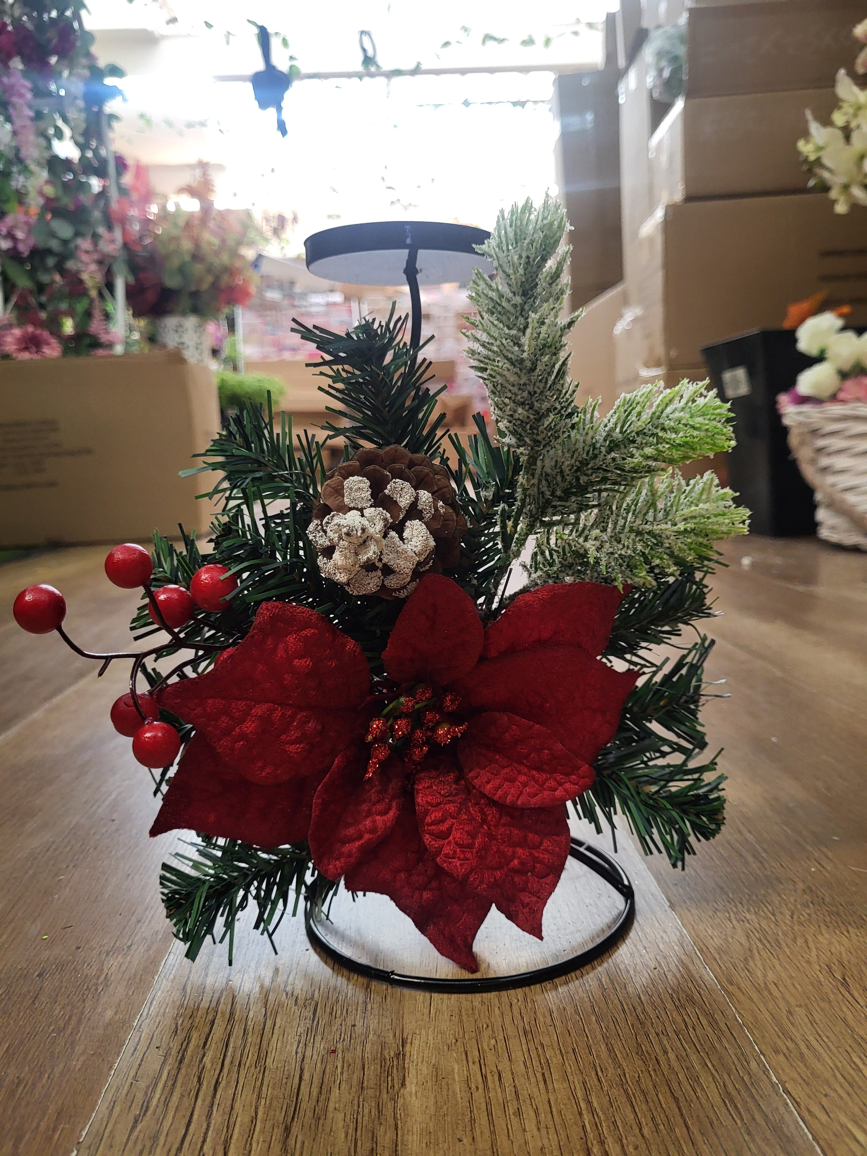 Red poinsettia and snowy foliage decorated metal candle holder image 6