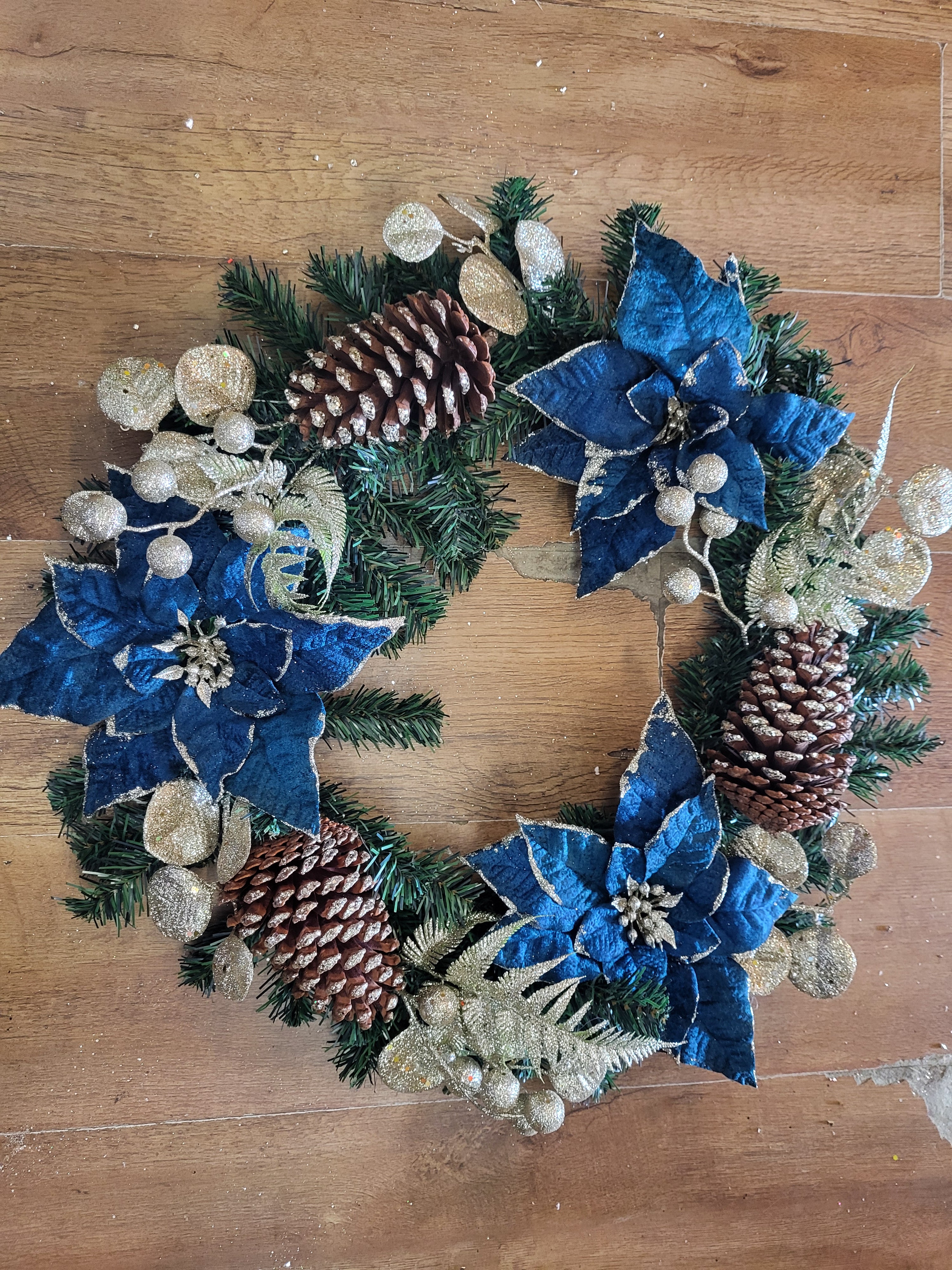22 inch Luxury Wreath - velvet Teal Poinsettia and champagne gold cones/foliage image 1