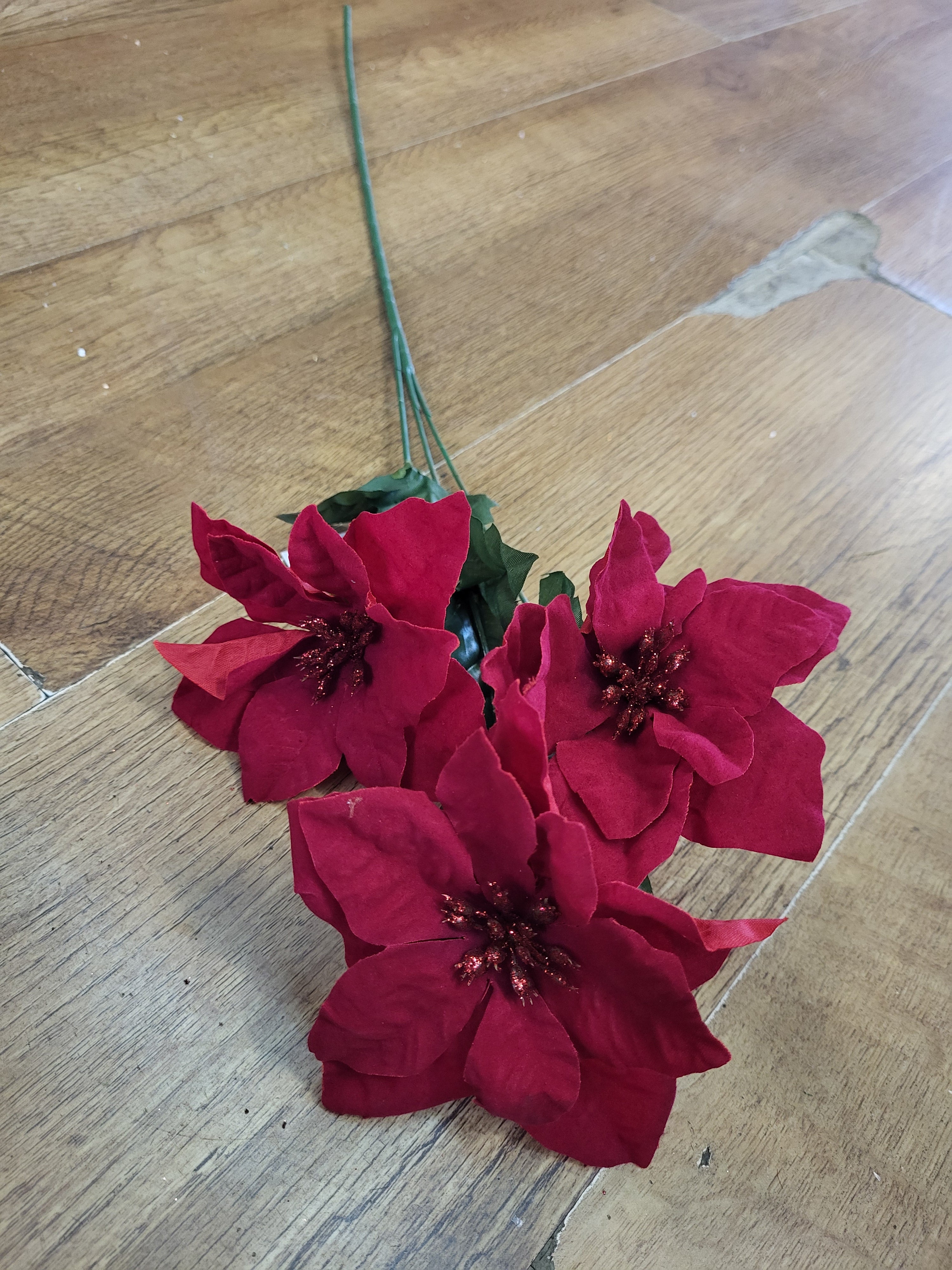 Long stem 3 headed poinsettia with glittered centres - 2 colours available image 3