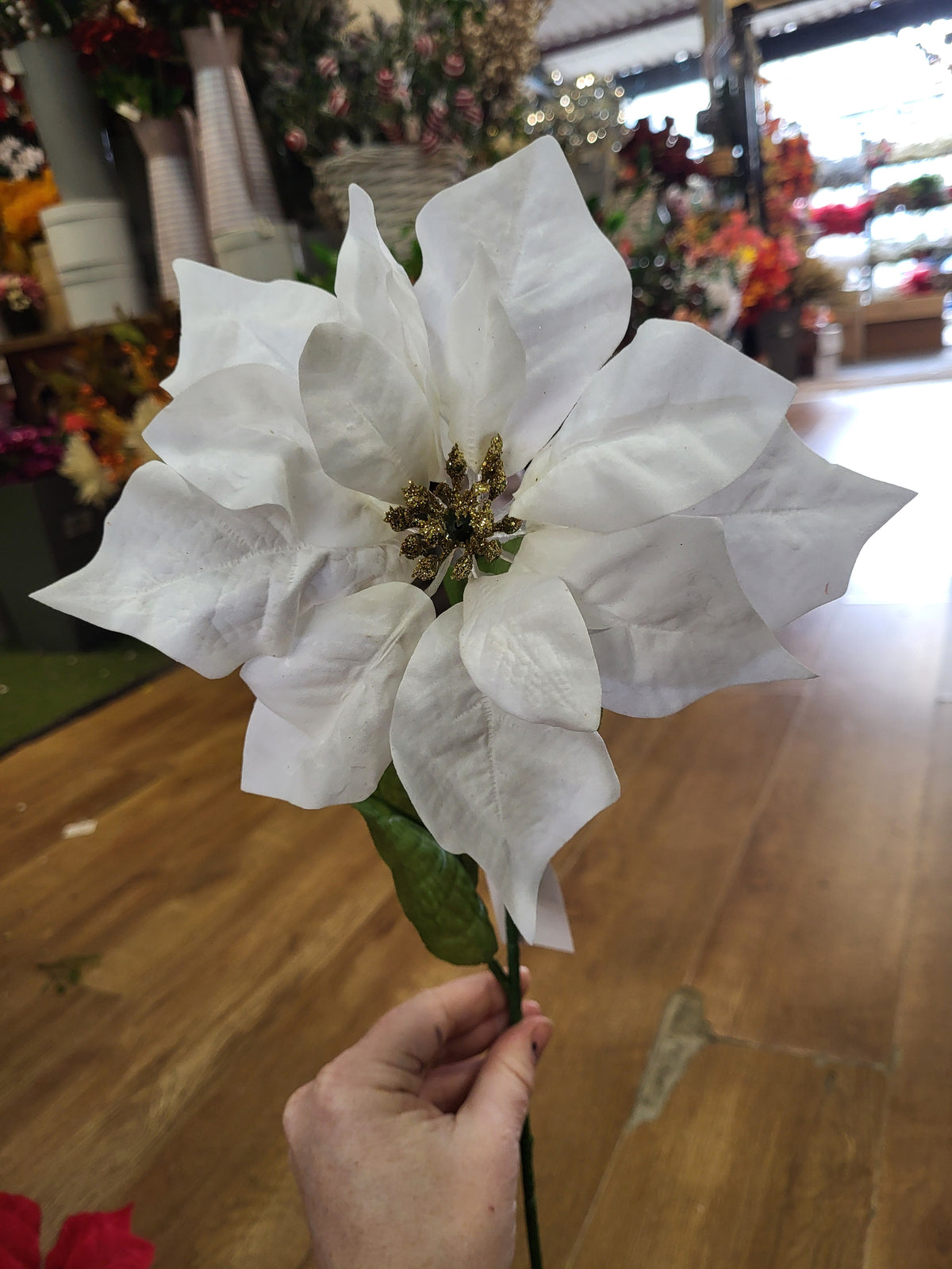 Long stem large headed poinsettia with glittered centre - 2 colours available image 4