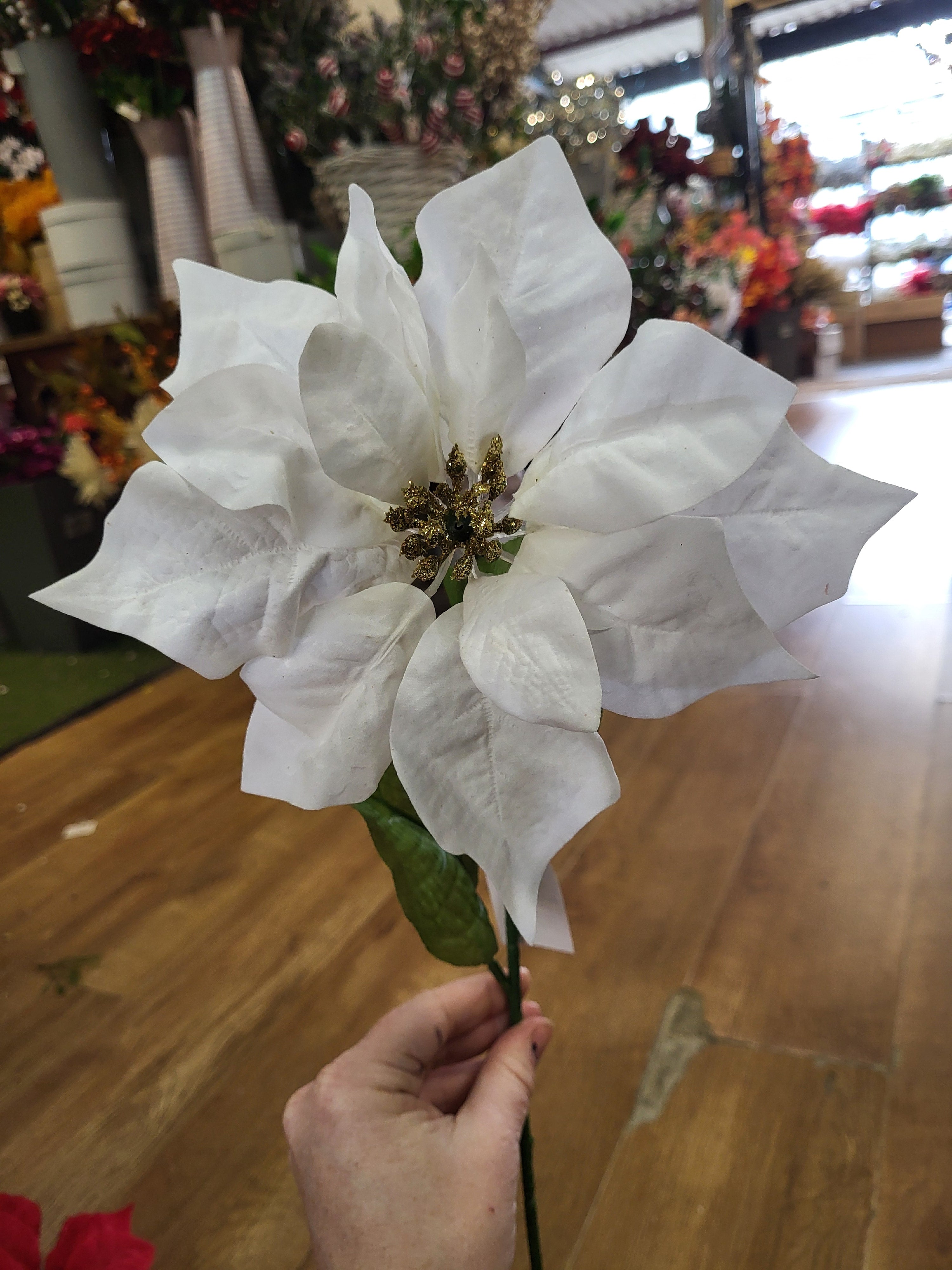 Long stem large headed poinsettia with glittered centre - 2 colours available image 4