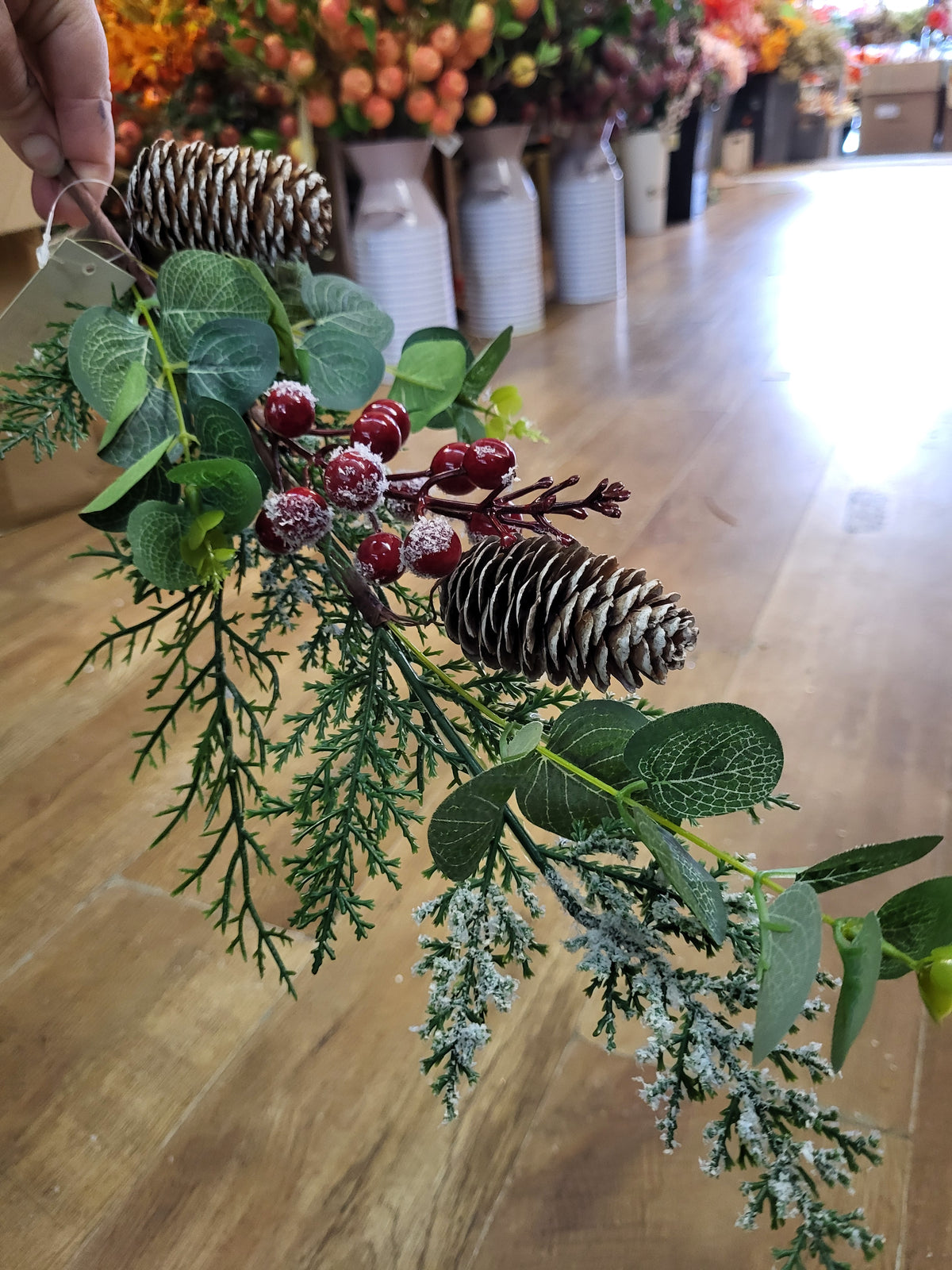 73cm Long stem snowy cones, berries and foliage image 1