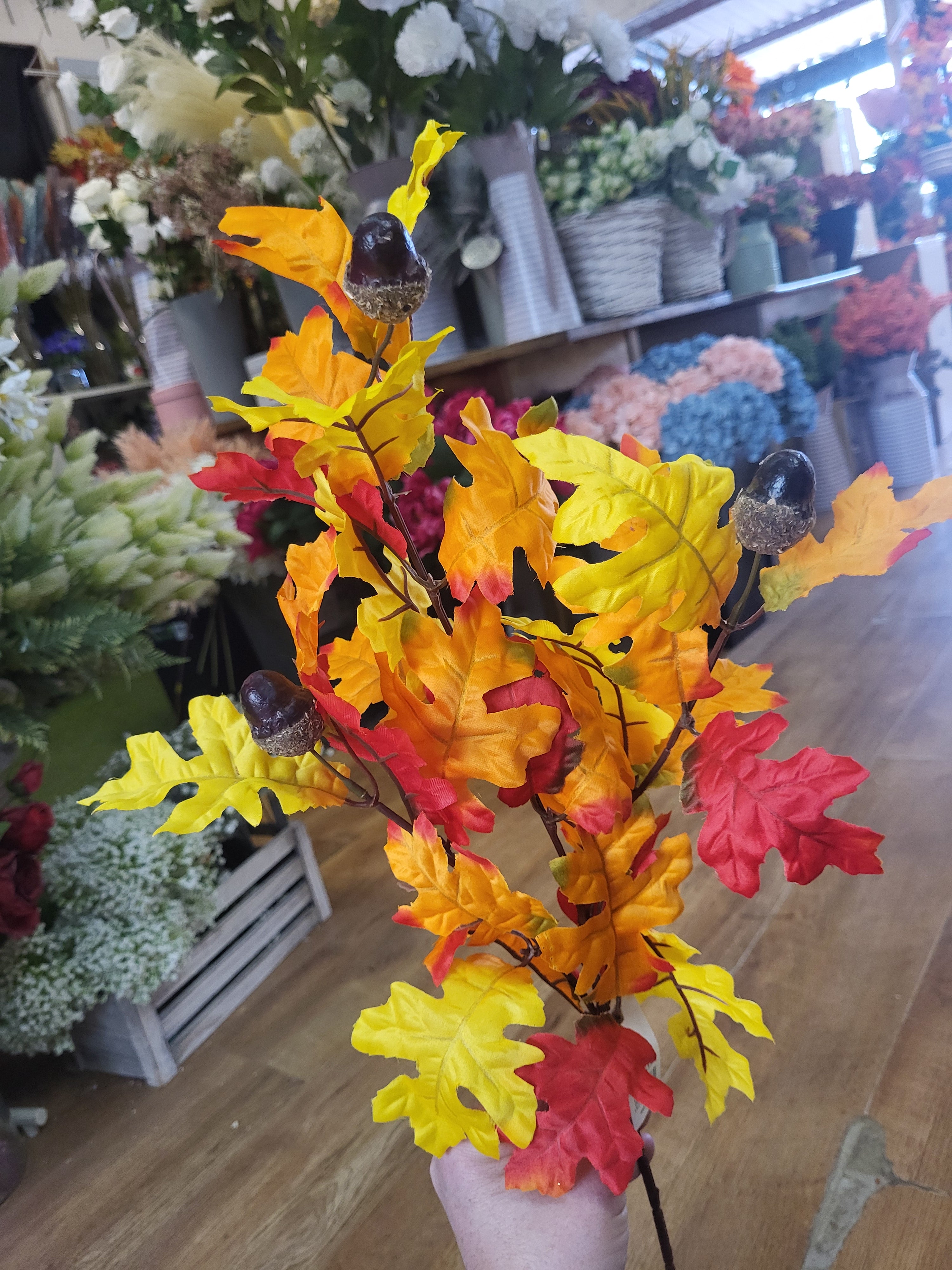 Long stem red/orange/yellow acorn spray image 0