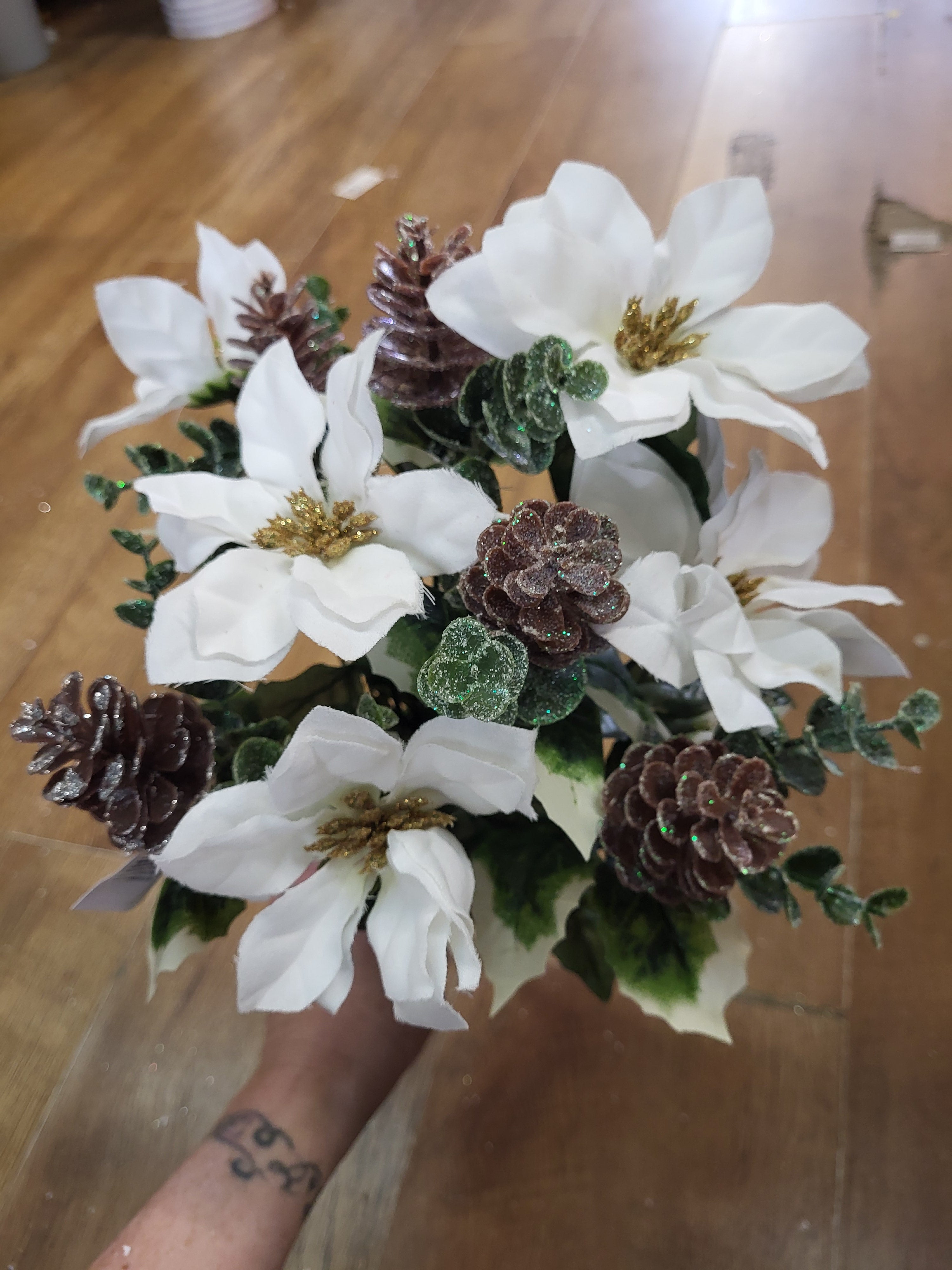 White poinsettia and frosted cone bunch image 2