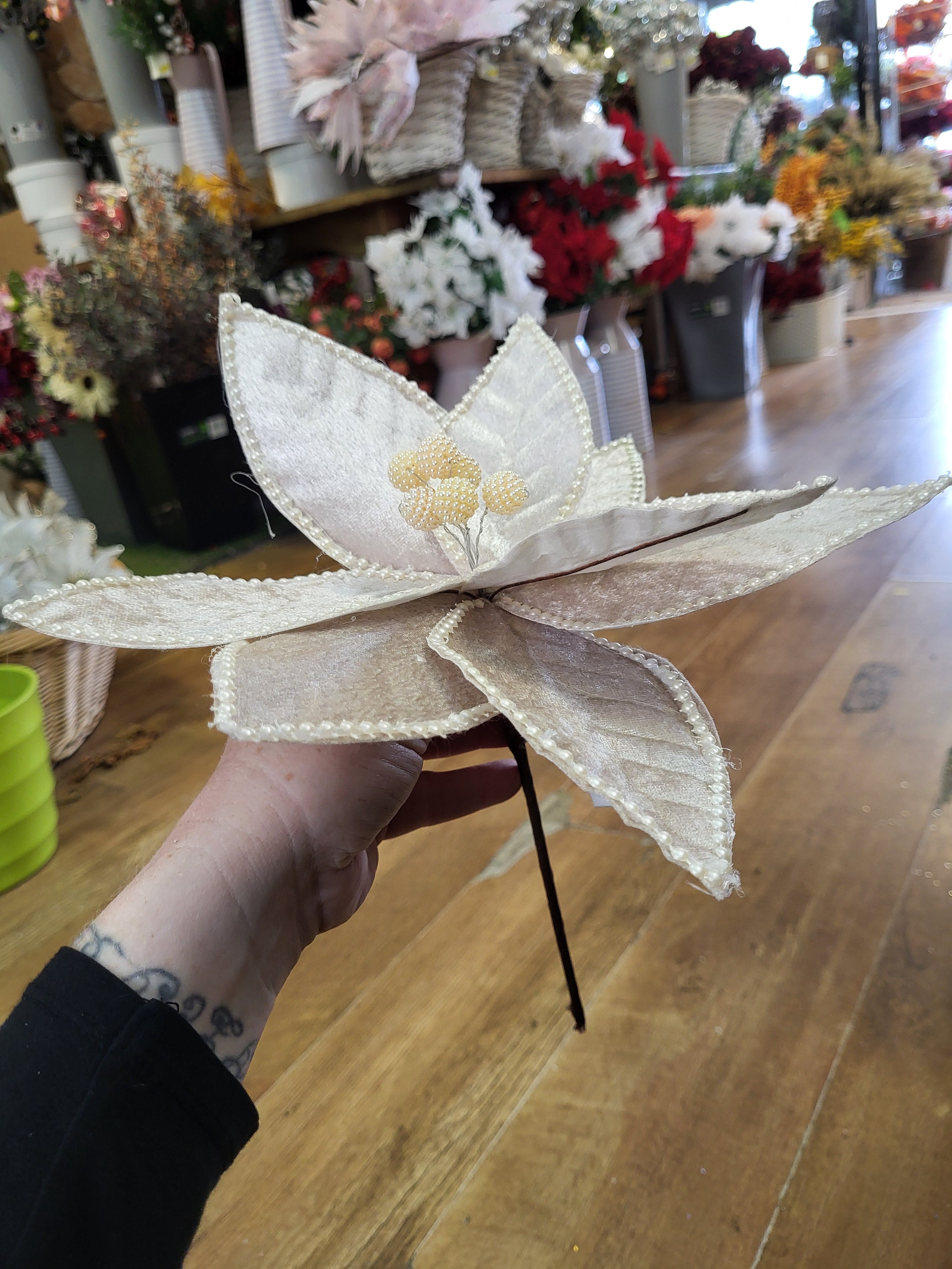 35cm champagne velvet and pearls poinsettia stem image 2