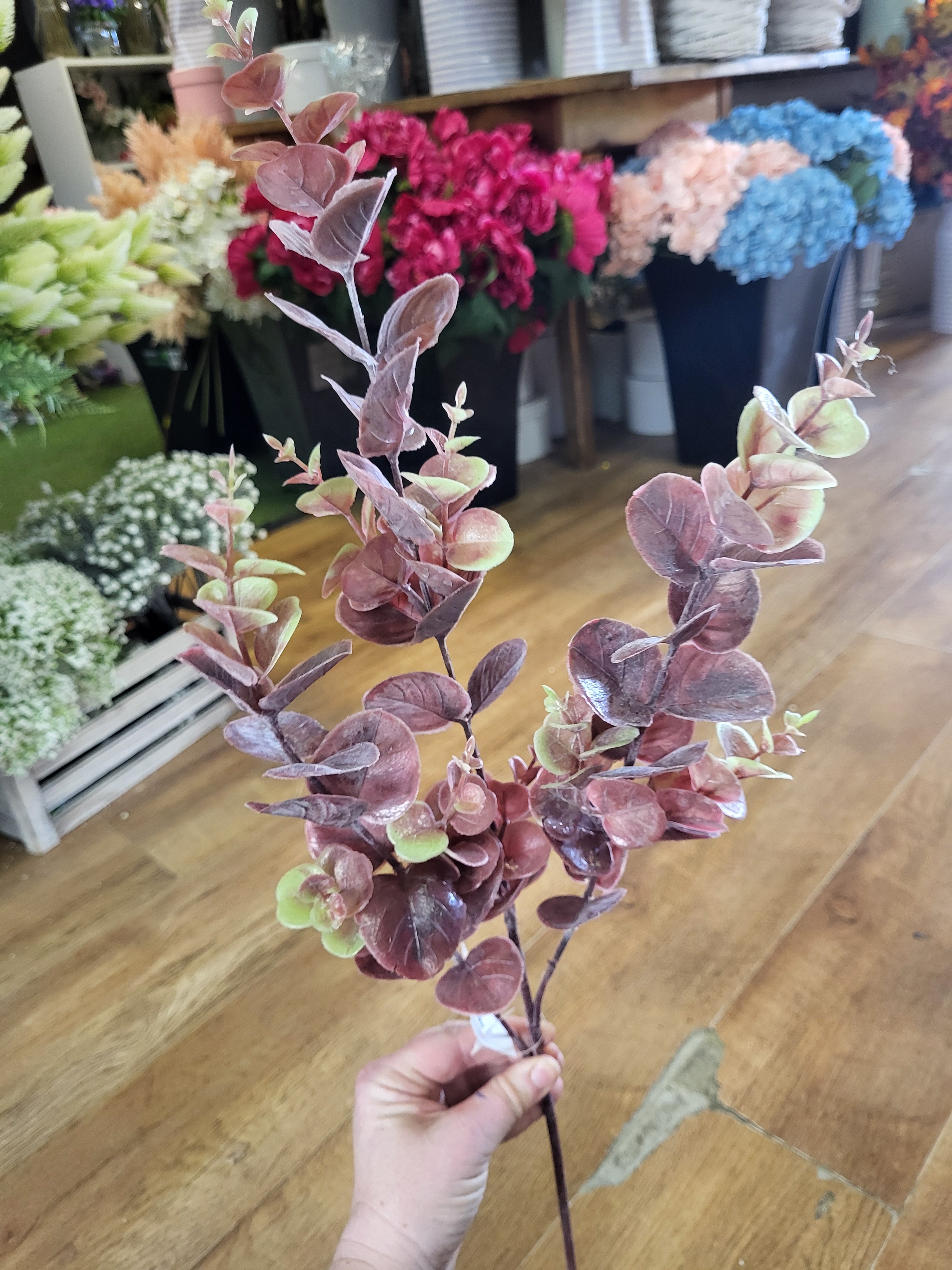 Long stem plastic Reddish brown eucalyptus spray  image 4