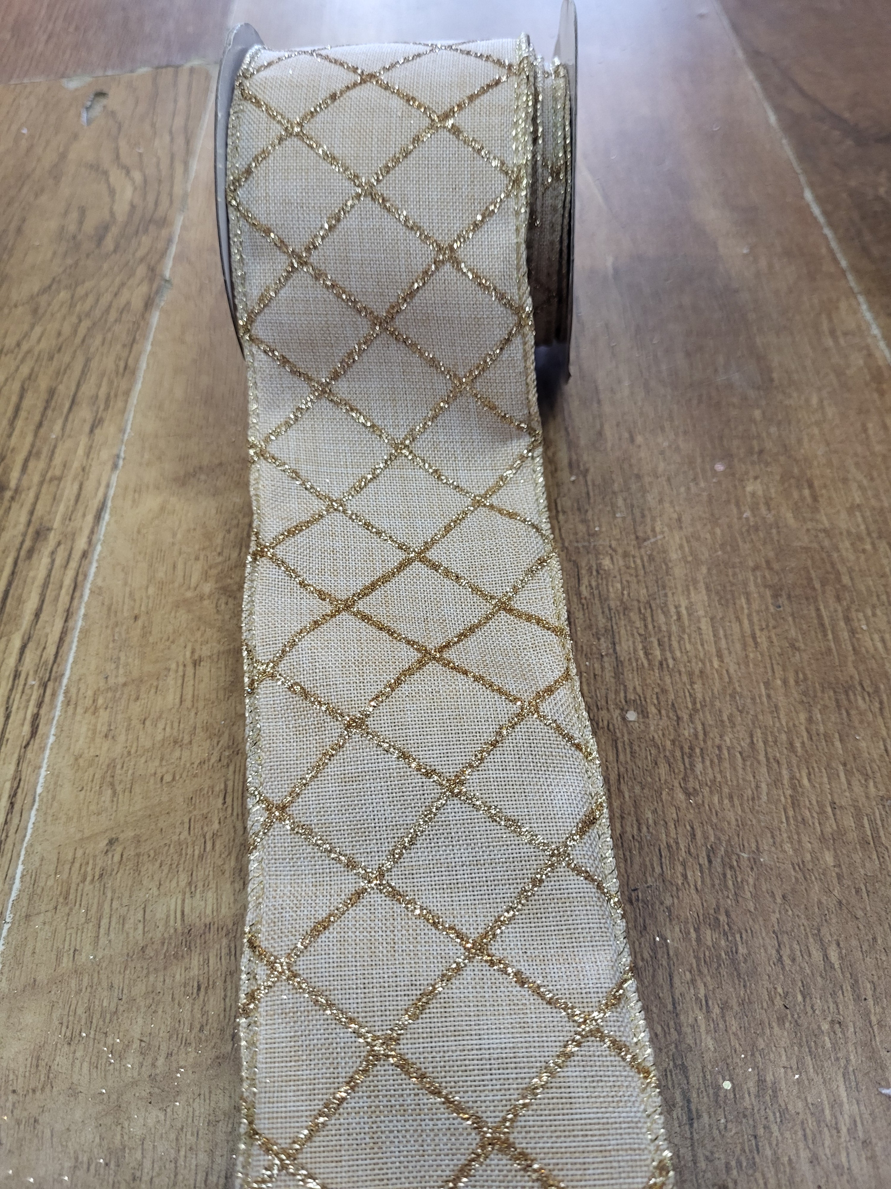 2.7m approx. roll of natural/gold glitter criss cross wired ribbon image 0