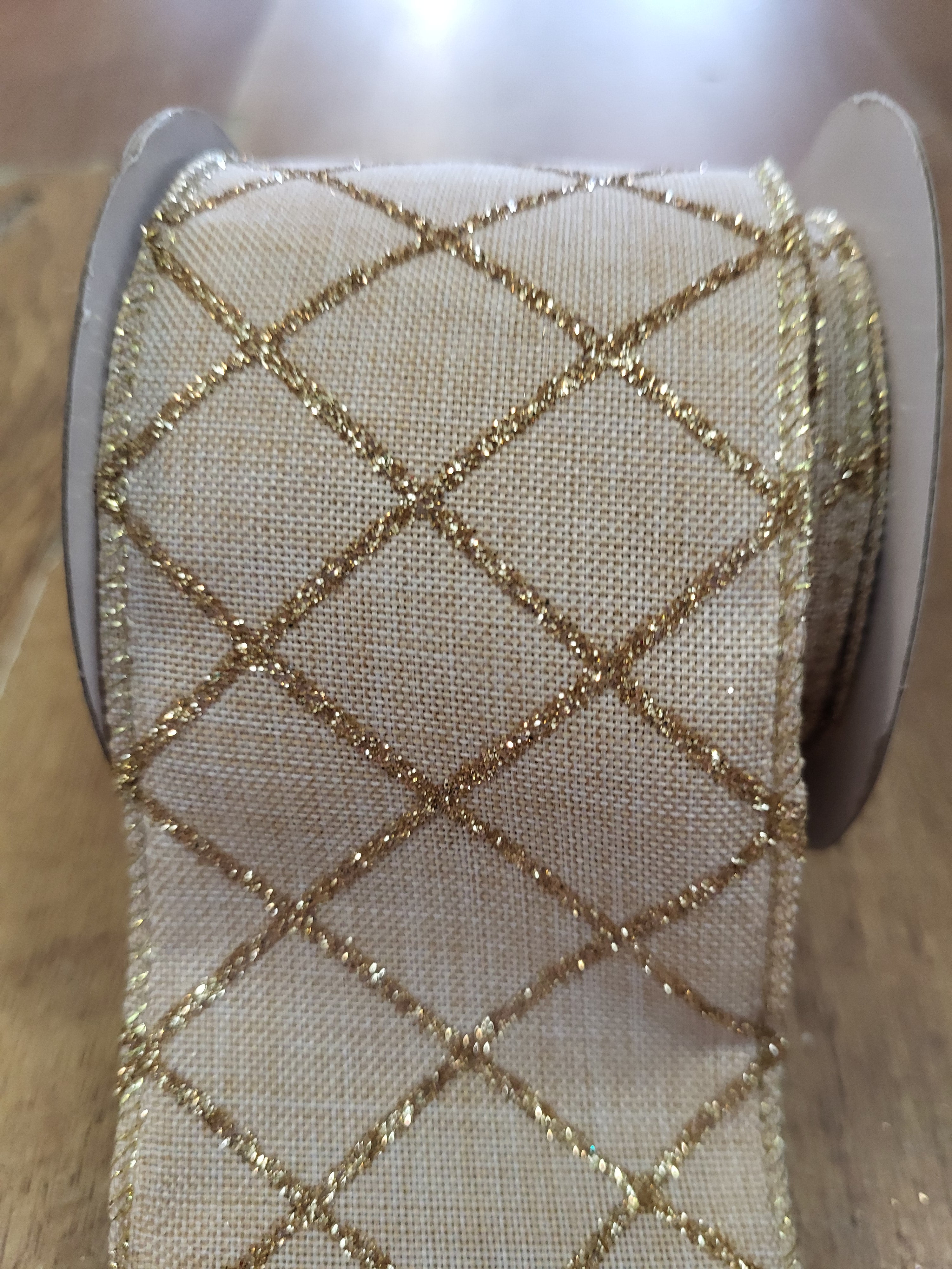 2.7m approx. roll of natural/gold glitter criss cross wired ribbon image 1