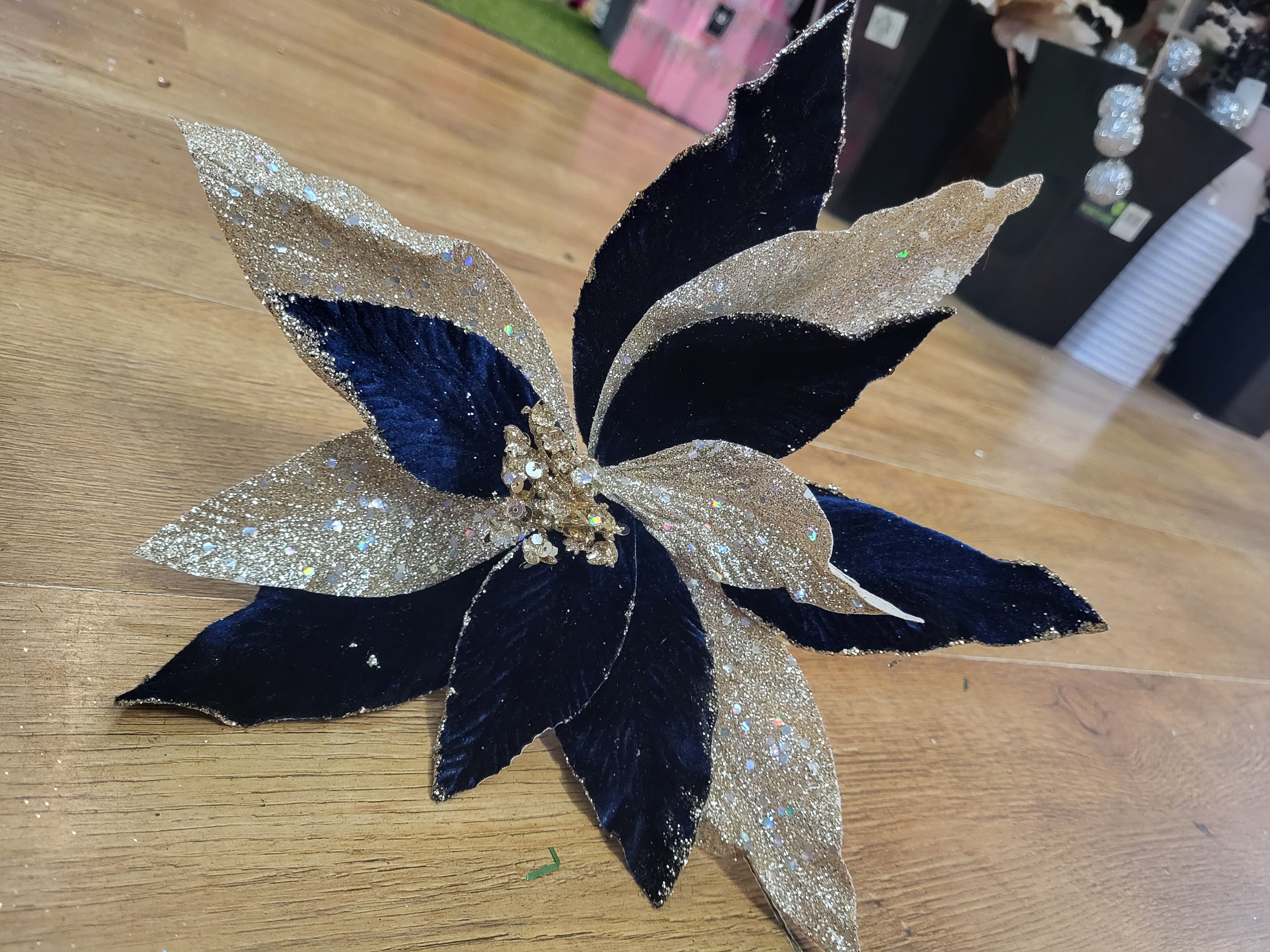 Navy velvet and champagne gold glittered single poinsettia image 1
