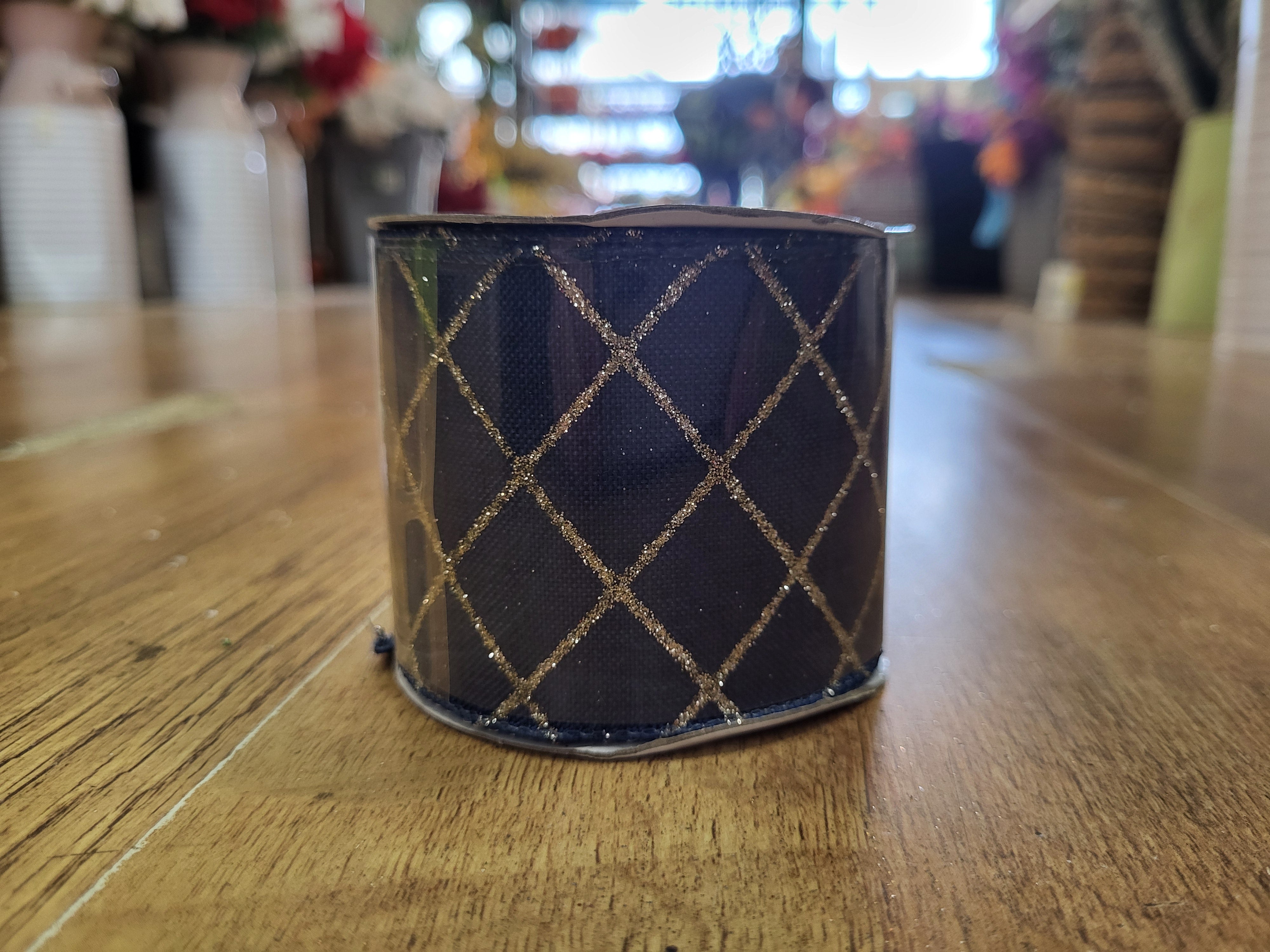 2.7m approx. roll of navy/champagne glitter criss cross wired ribbon image 1