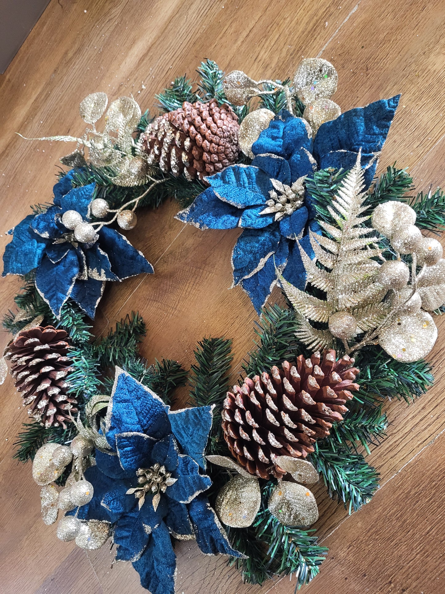 22 inch Luxury Wreath - velvet Teal Poinsettia and champagne gold cones/foliage image 5
