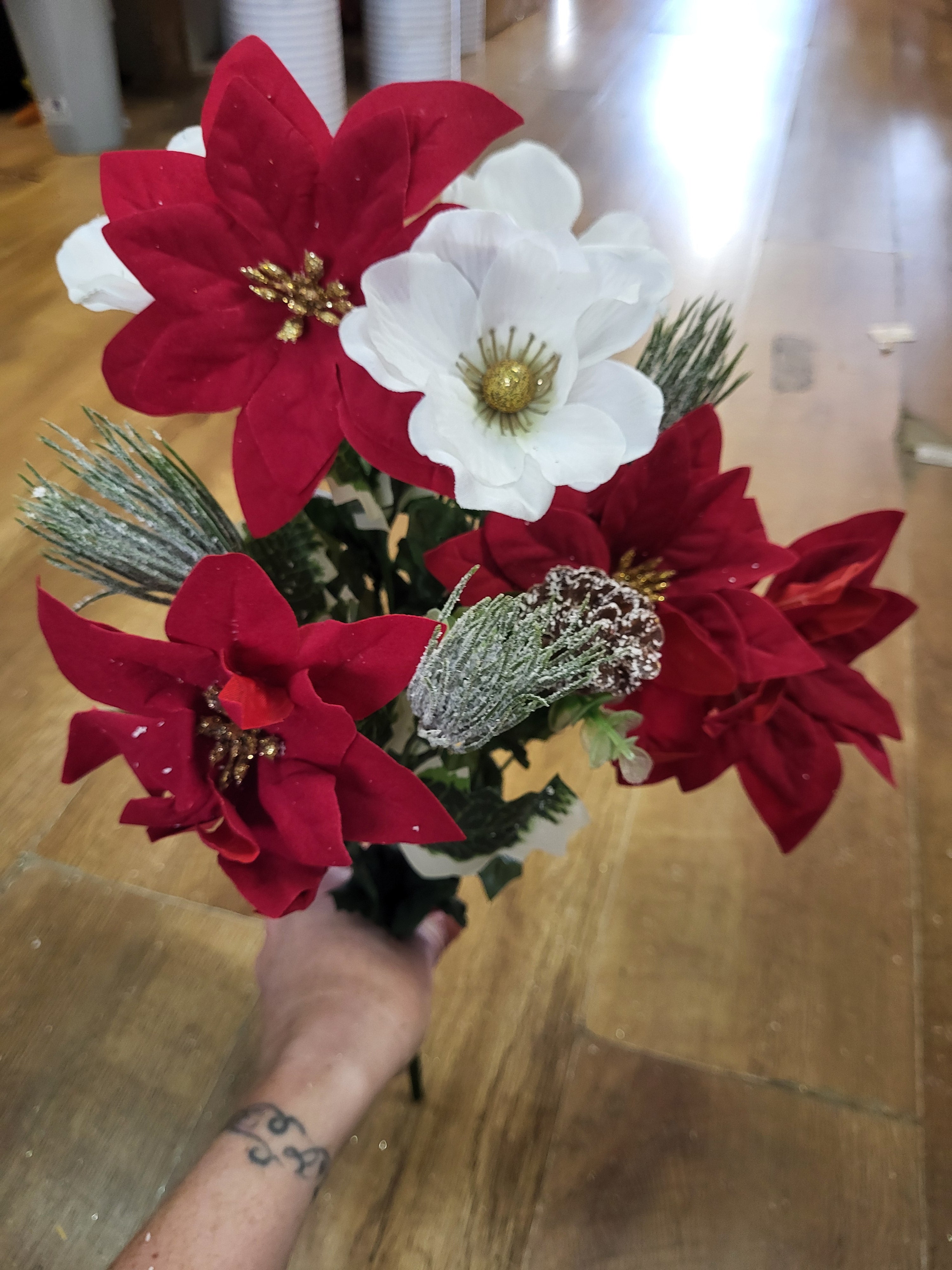 Poinsettia, poppy and and frosted foliage bunch  image 3