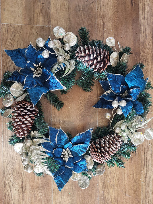 22 inch Luxury Wreath - velvet Teal Poinsettia and champagne gold cones/foliage image 0