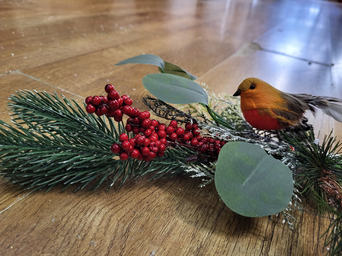 Mixed winter foliage and berry branch with a Robin image 2