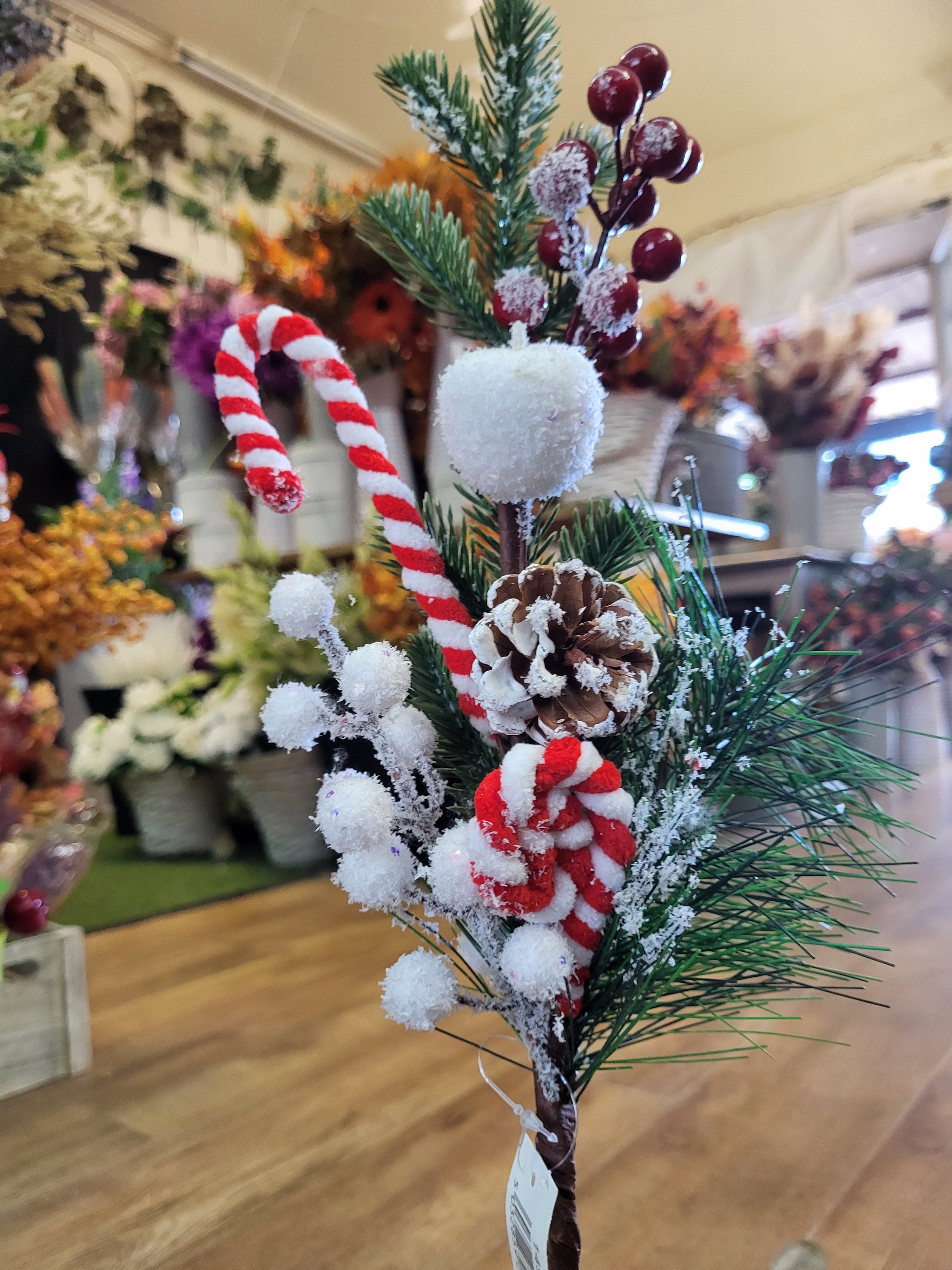 Long stem frosted Christmas spray with candy canes image 0