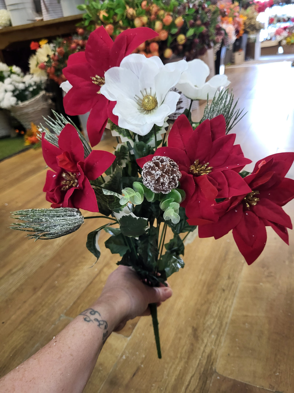 Poinsettia, poppy and and frosted foliage bunch  image 2