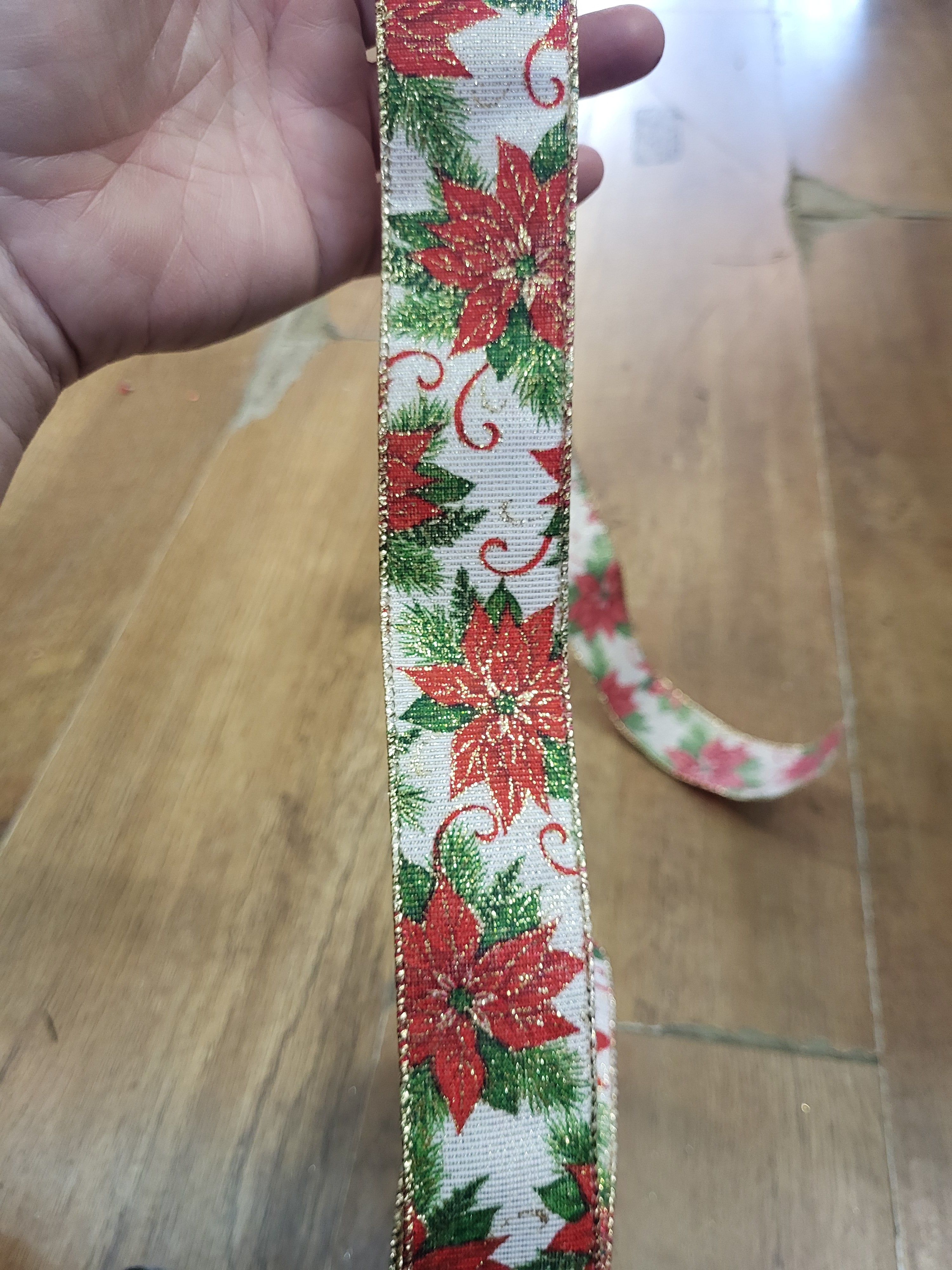 Red poinsettia wired Christmas ribbon  - 1 metre image 1