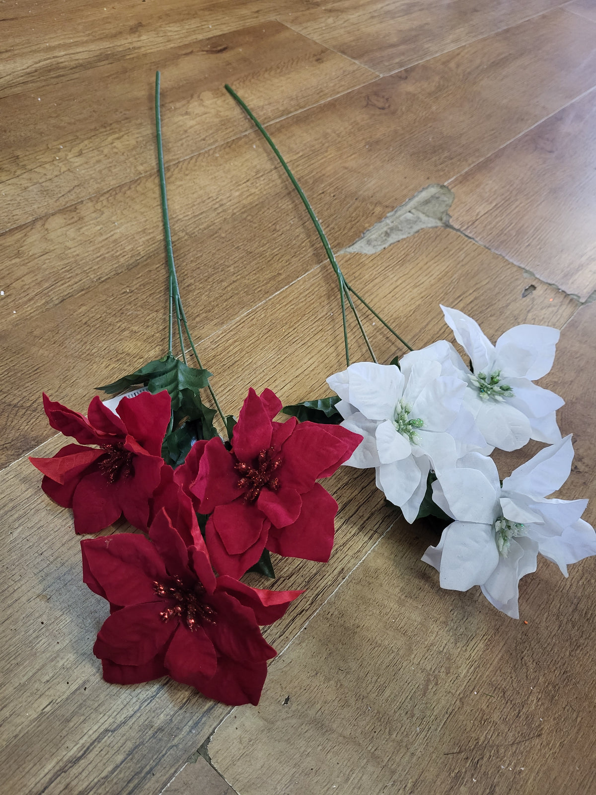 Long stem 3 headed poinsettia with glittered centres - 2 colours available image 0