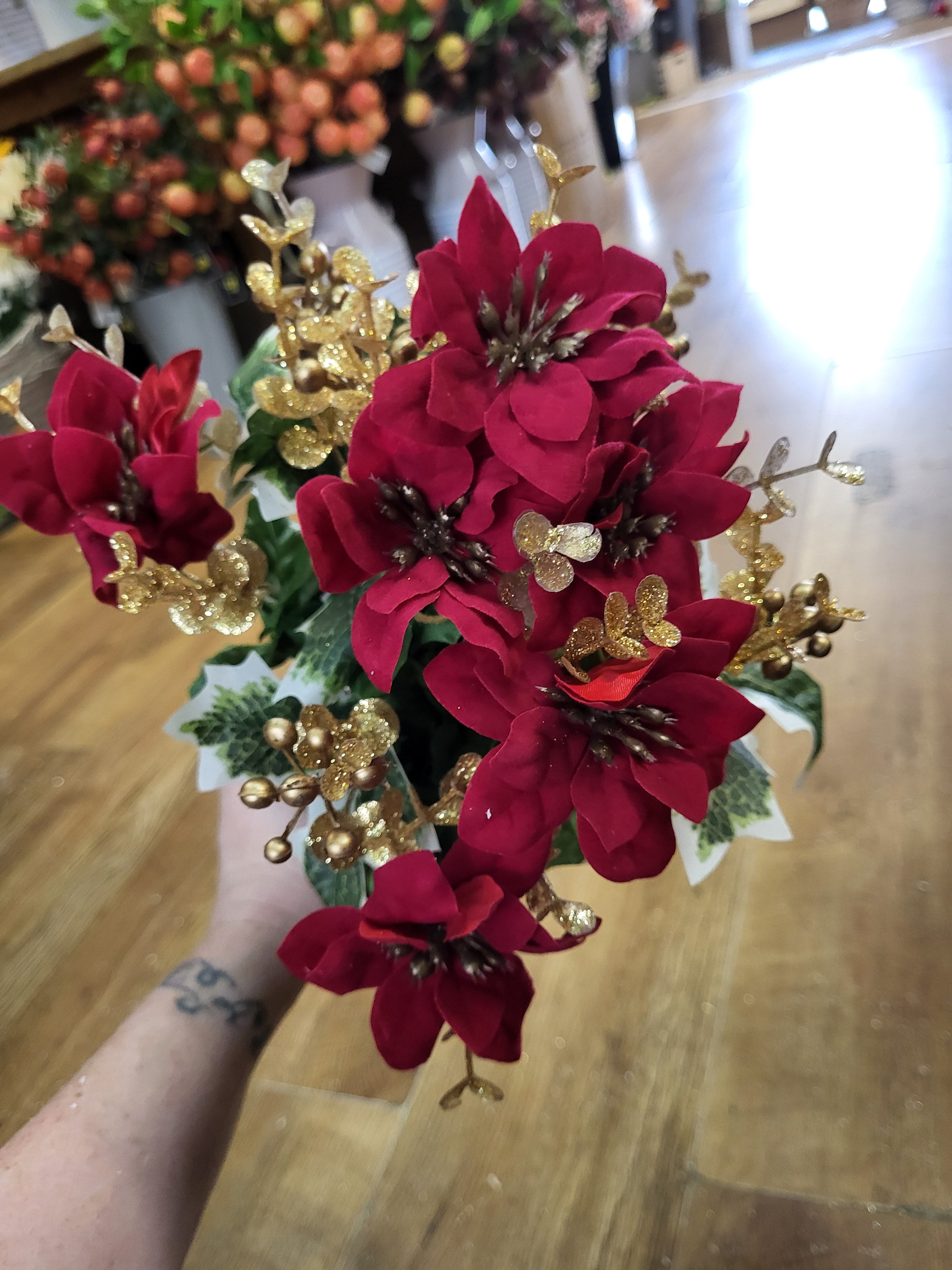 Mini velvet poinsettias and metallic eucalyptus bunch - 2 colours available image 2