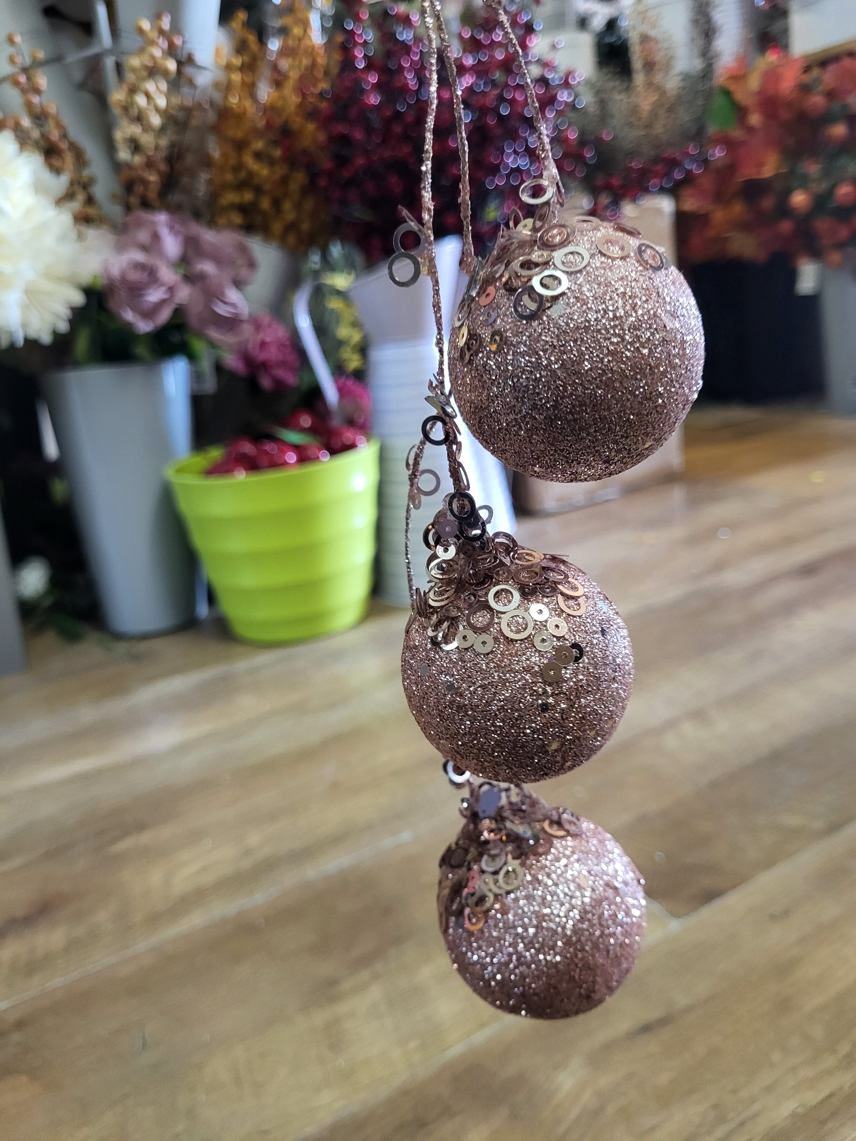 Hanging rose gold triple glittered and sequin bauble decoration image 1