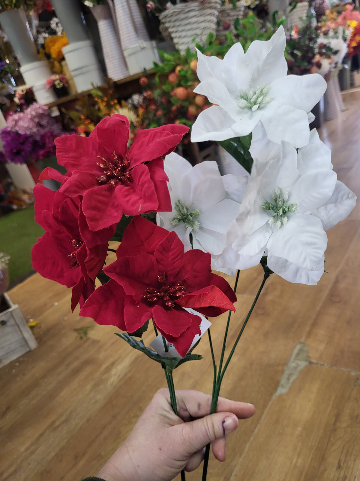 Long stem 3 headed poinsettia with glittered centres - 2 colours available image 1