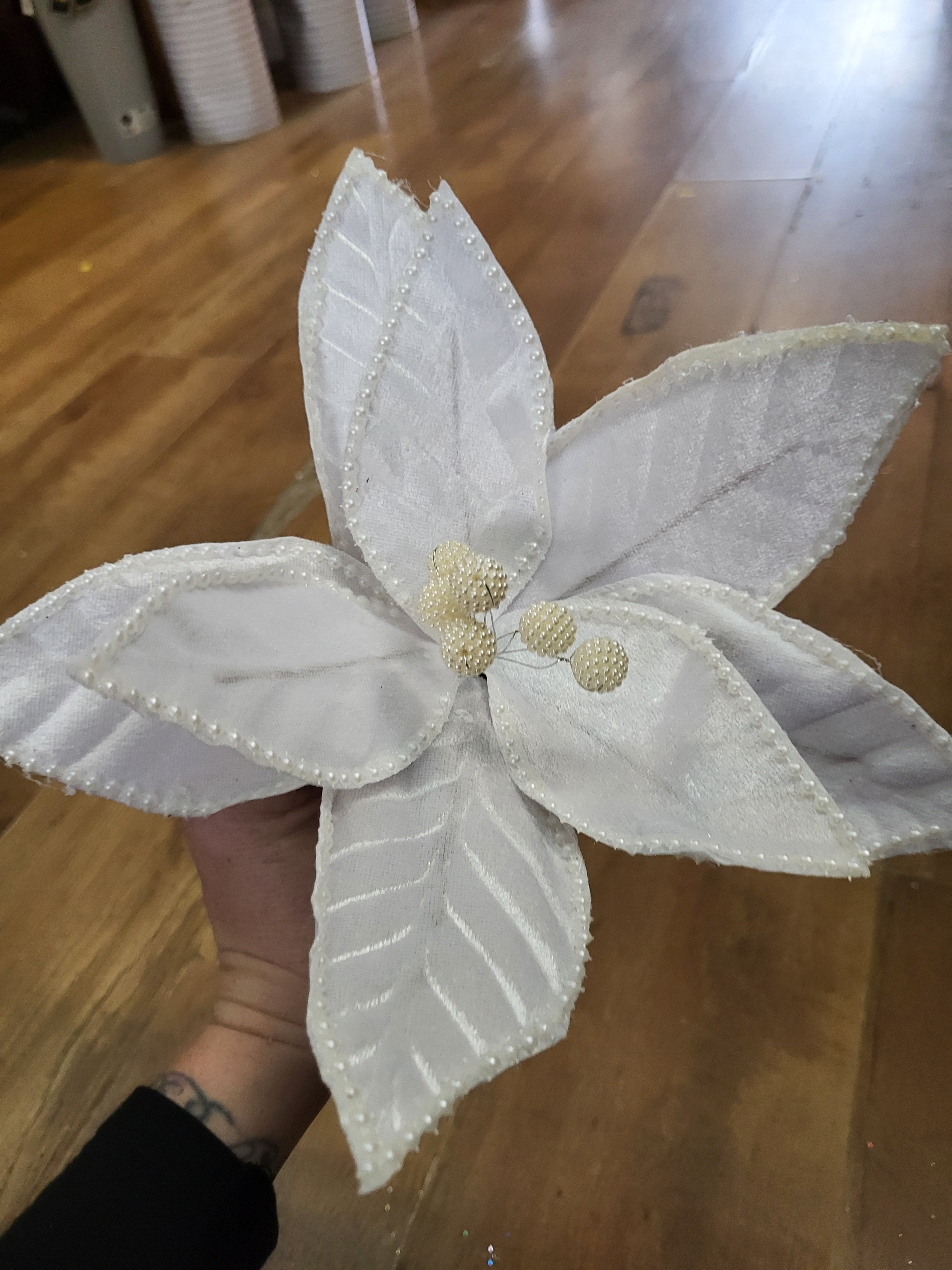 35cm white velvet and pearls poinsettia stem image 4