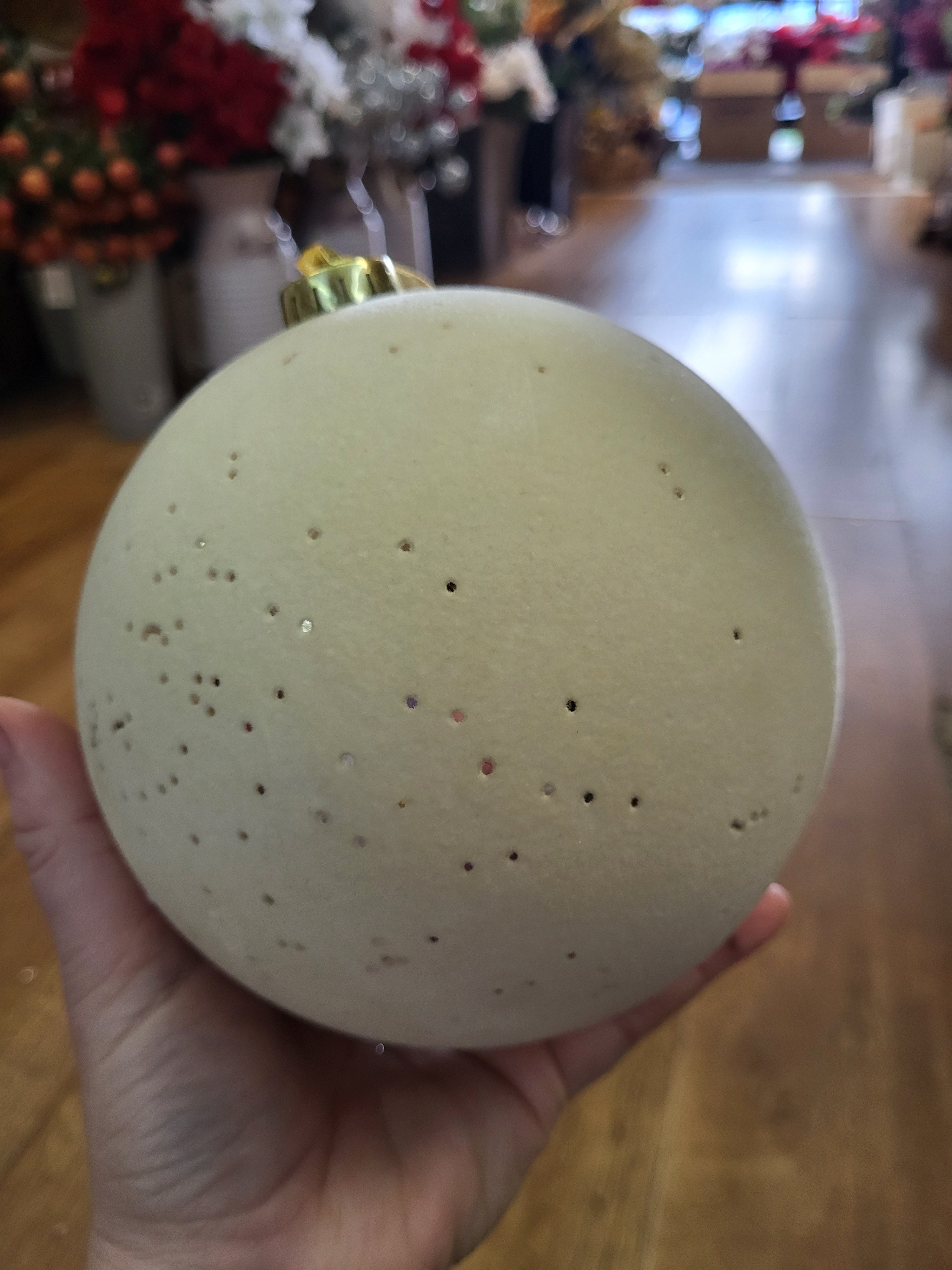 15cm flocked cream bauble with metallic flecks image 1