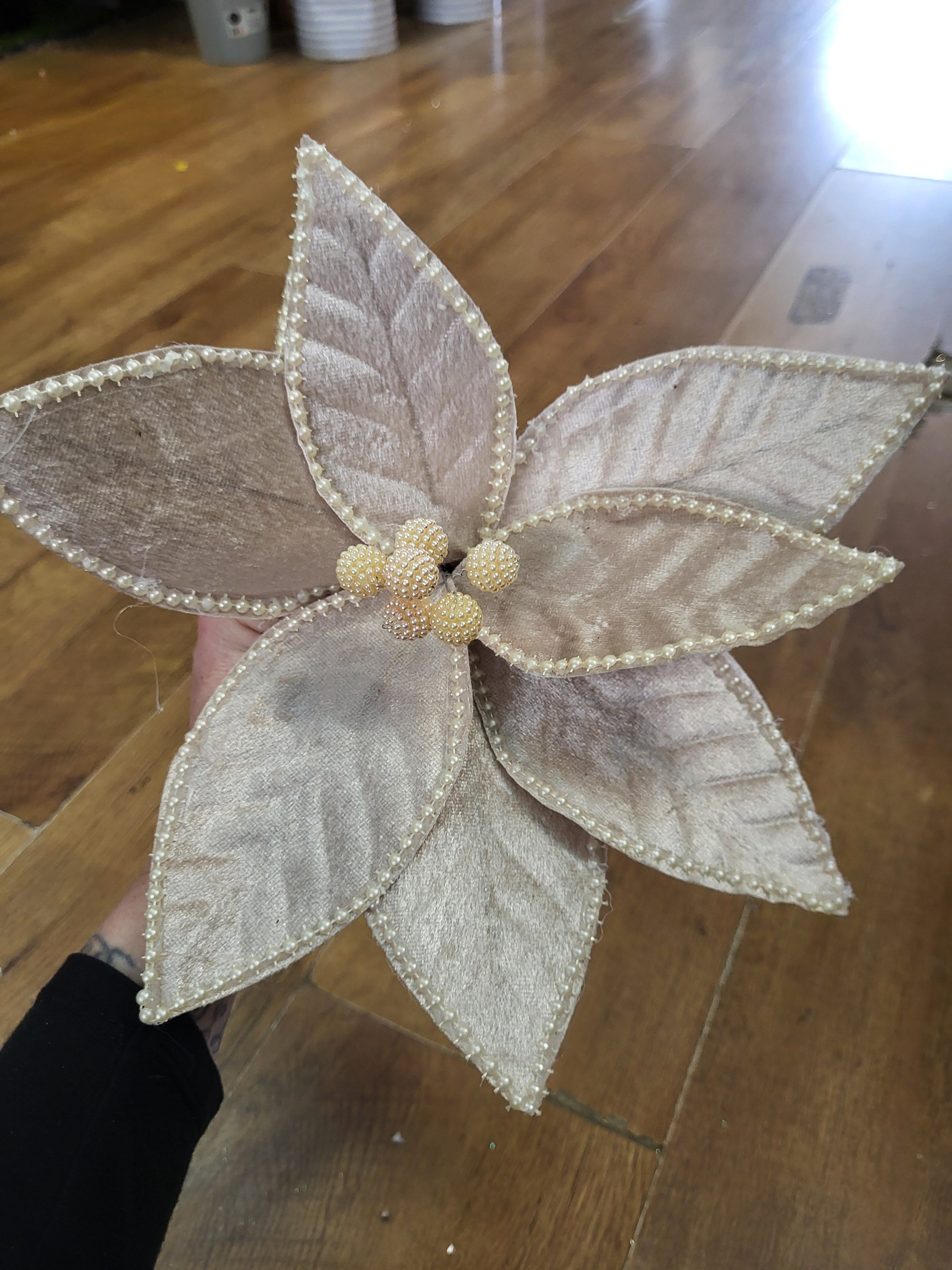 35cm champagne velvet and pearls poinsettia stem image 3