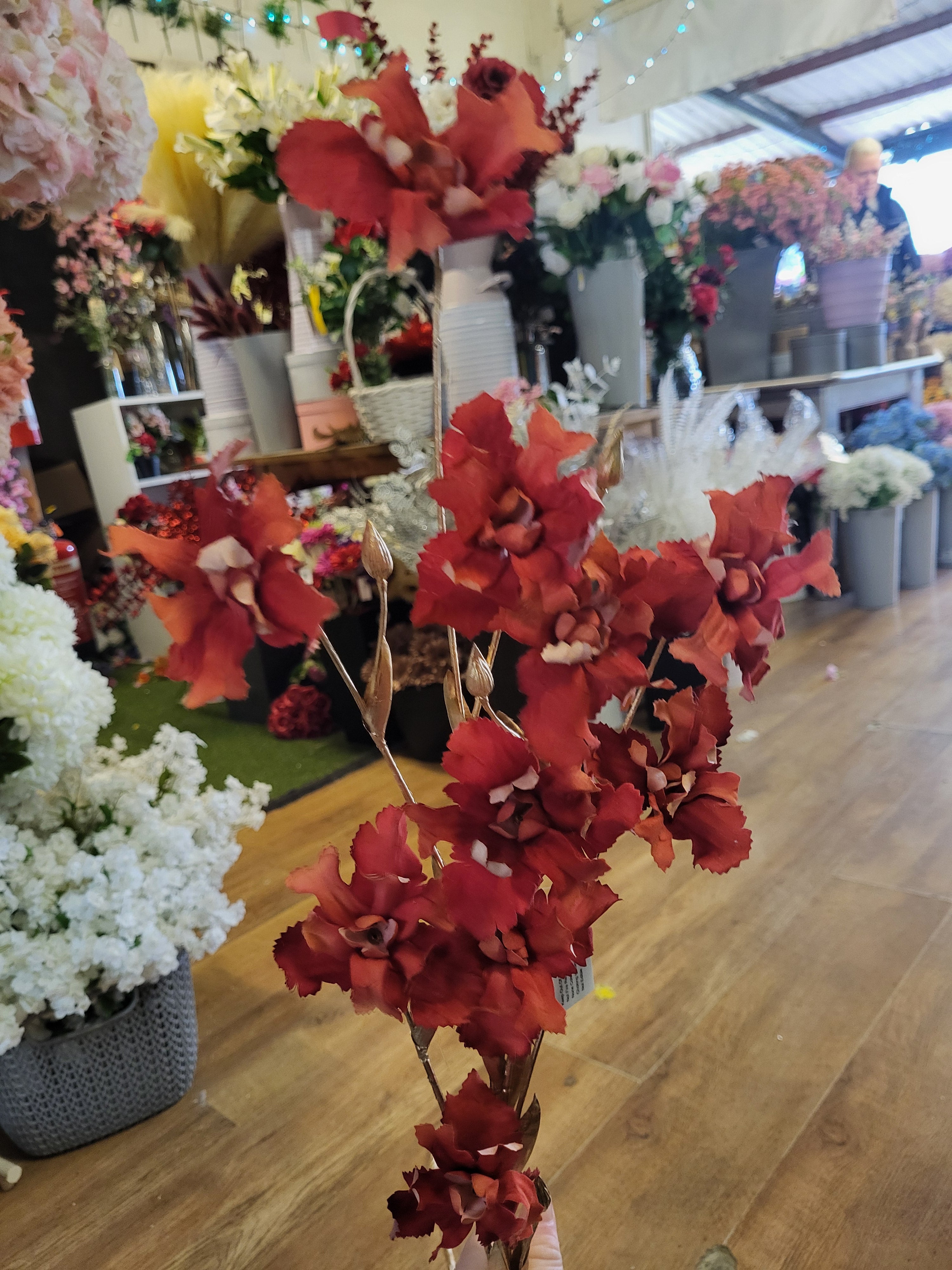 Large 125cm tall russet red iris flower spray with golden stem image 2