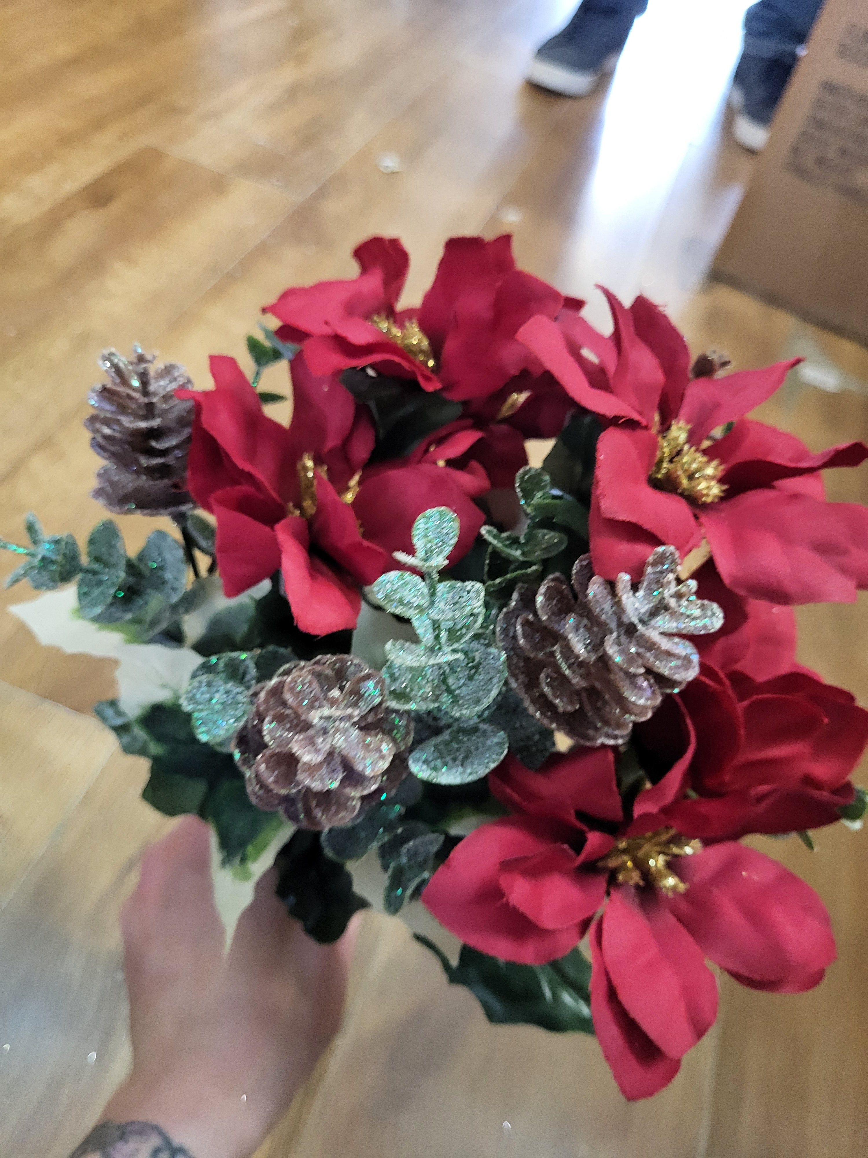 Red poinsettia and frosted cone bunch  image 4