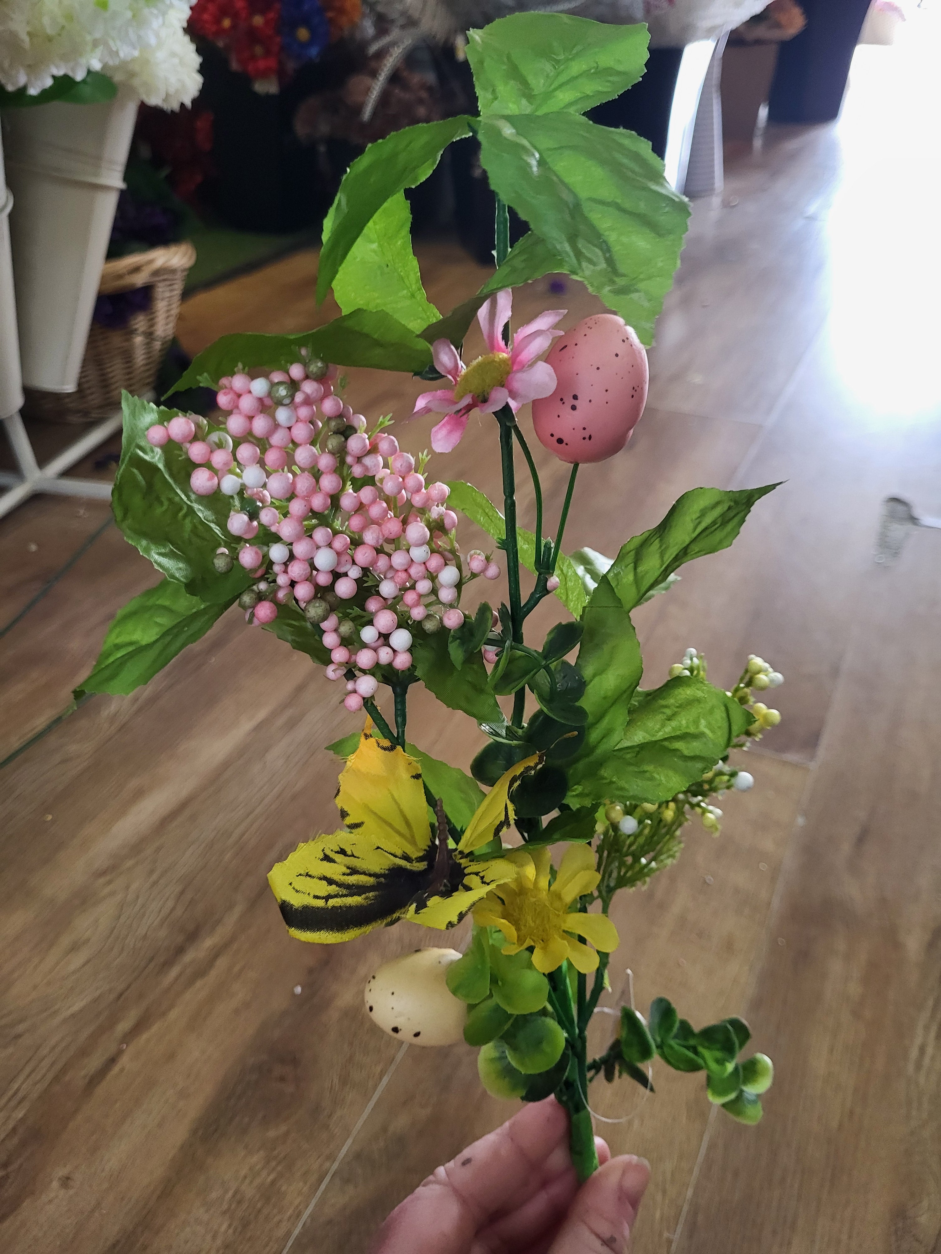 Pink and yellow Easter egg spray with foliage/berries image 3