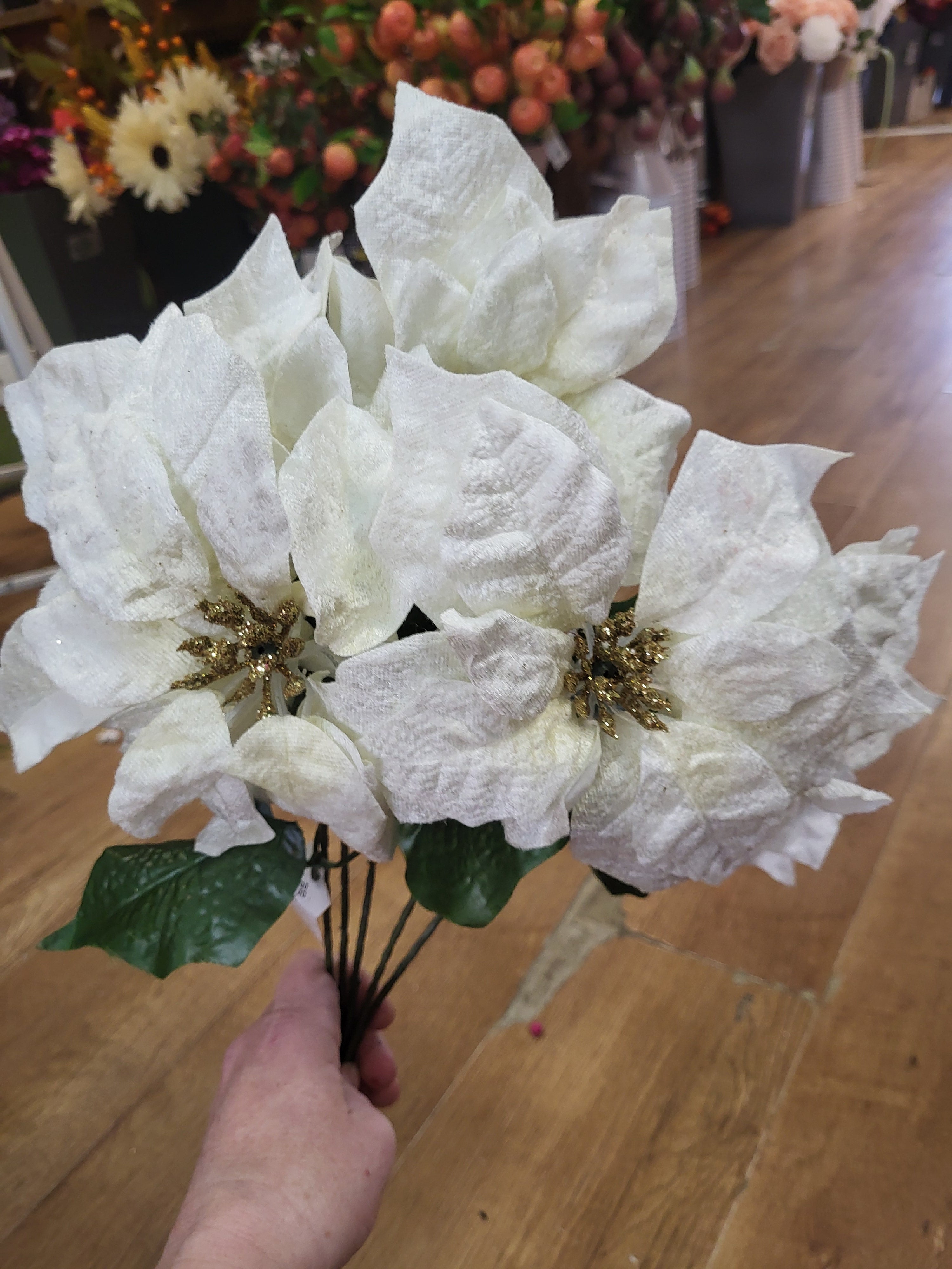 Velvet poinsettia bouquet, 5 large sized heads  - cream and gold image 1