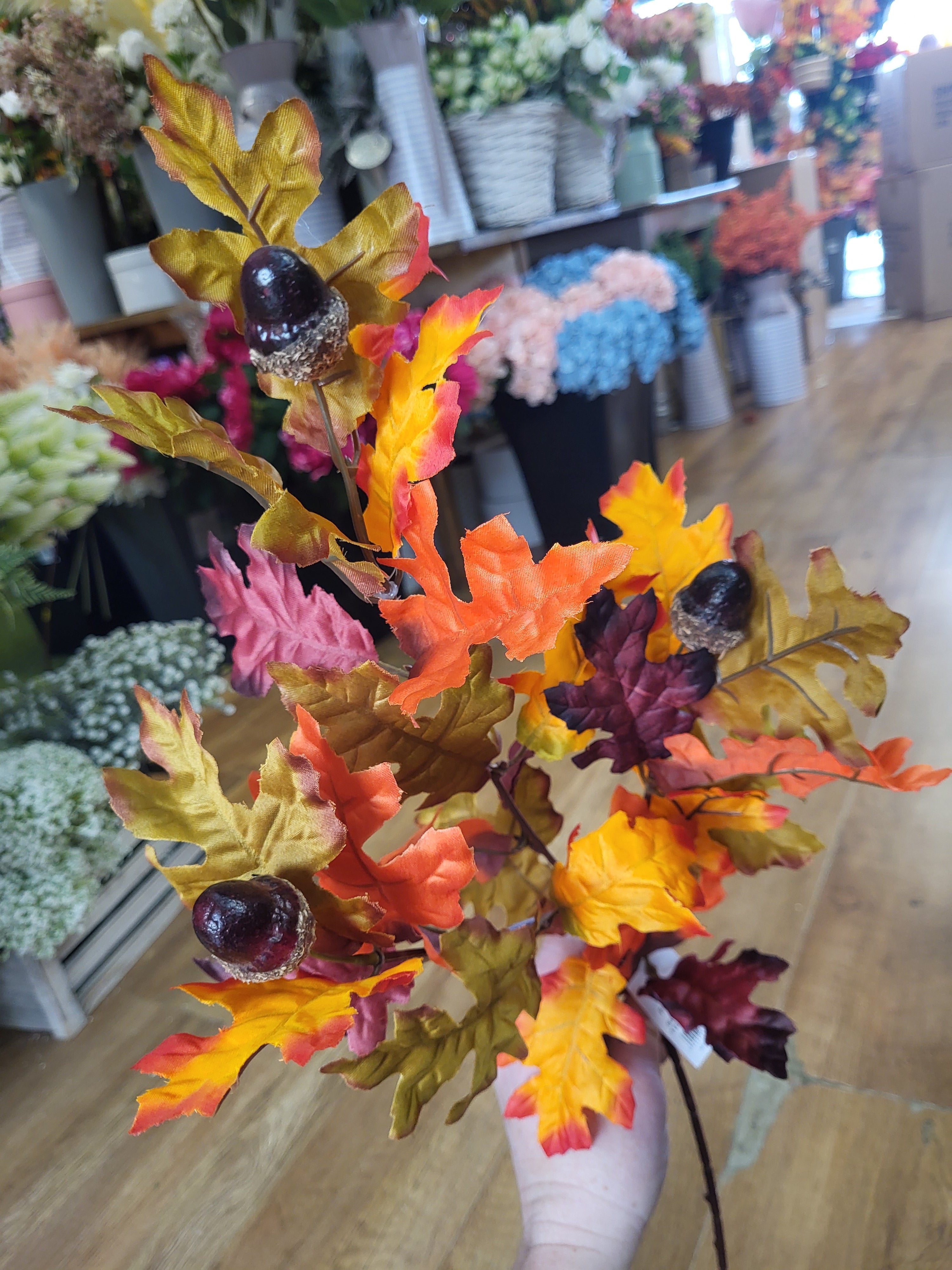 Long stem burgundy/green/orange acorn spray  image 4