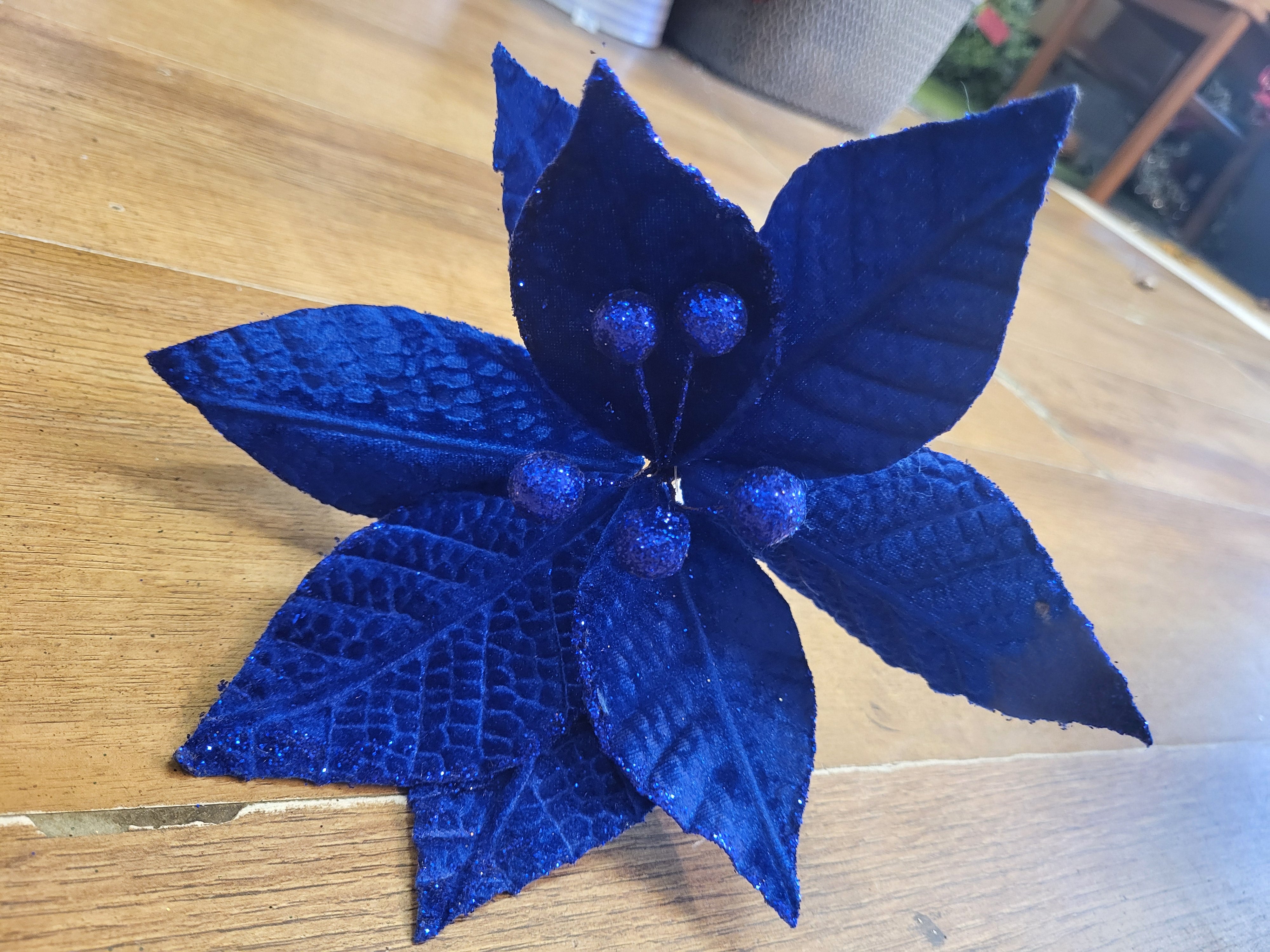 Long stem Royal Blue velvet and glitter single poinsettia  image 2