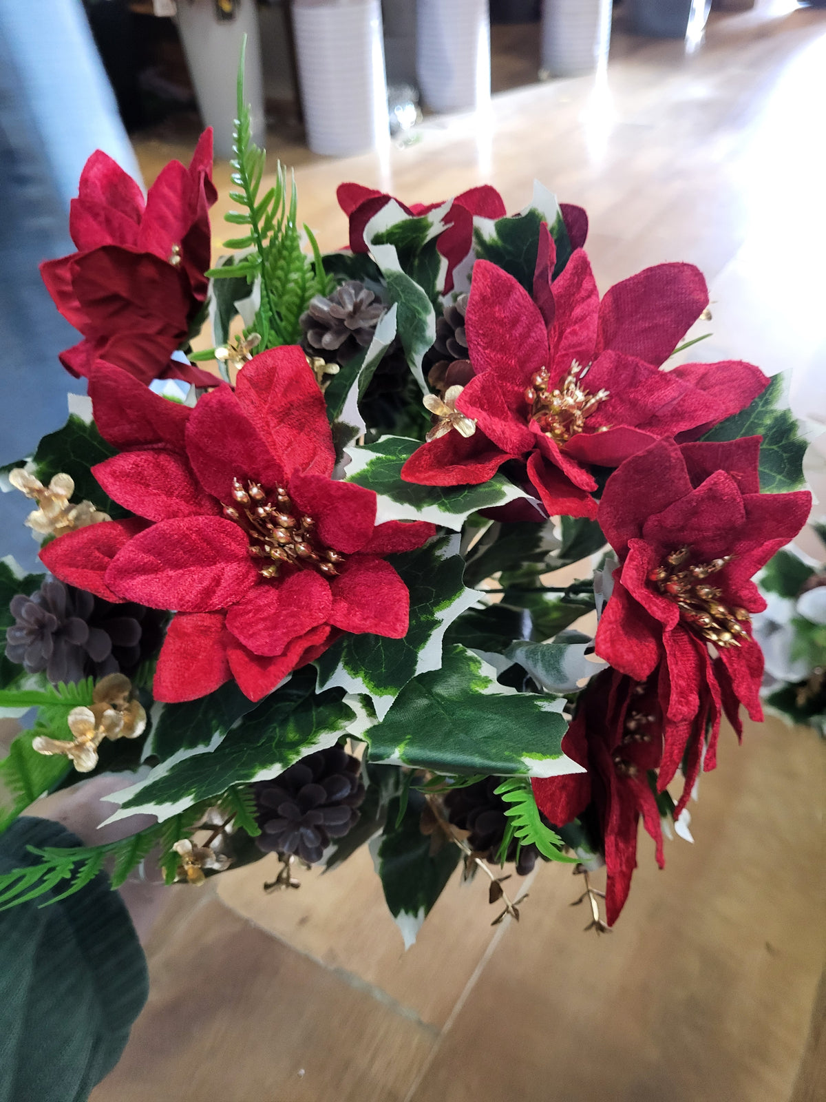 Large red velvet poinsettia and cone bouquet  image 2